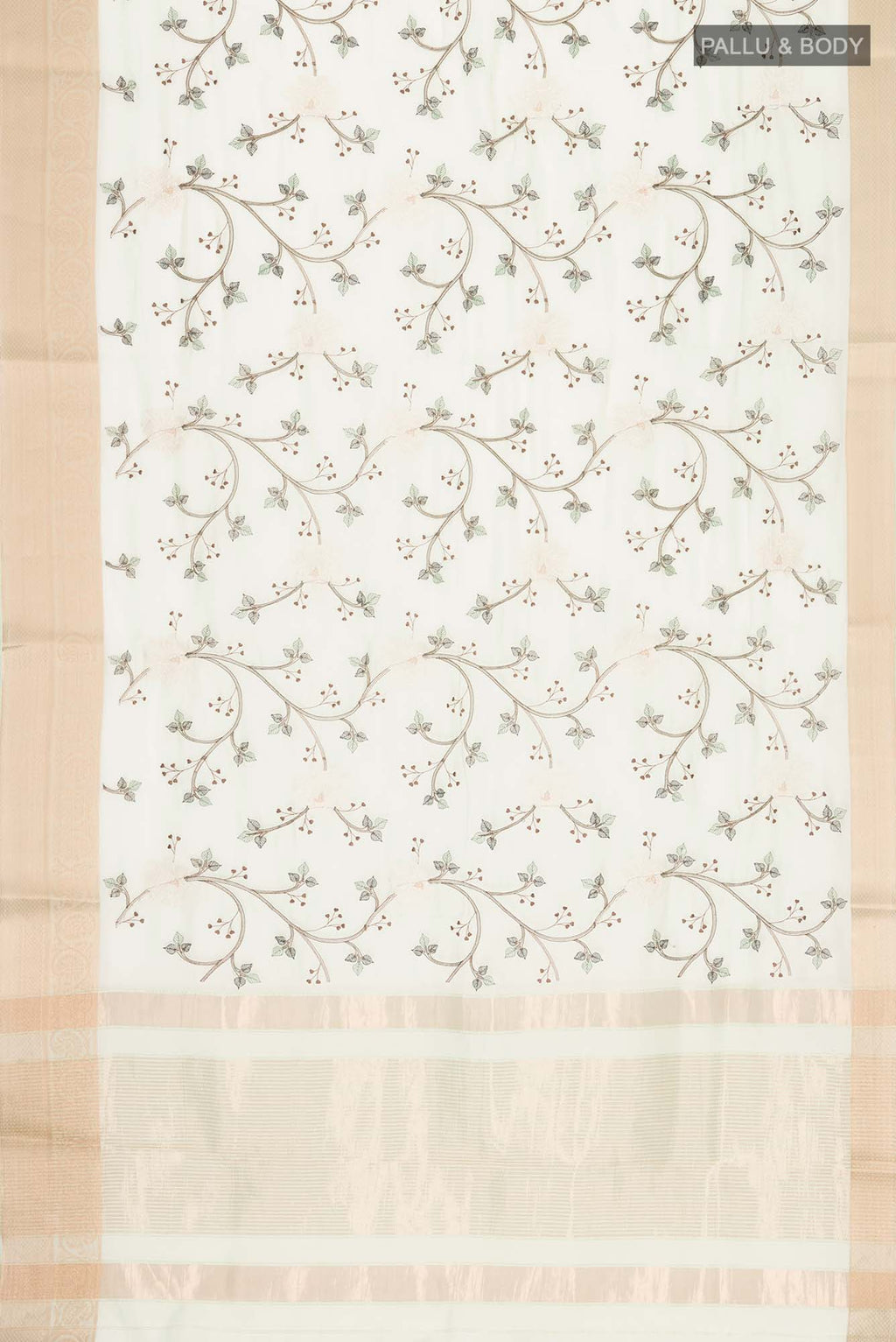 Flat view of Green Blended Organza Silk Saree with Embroidery on the body and Zari Border. 