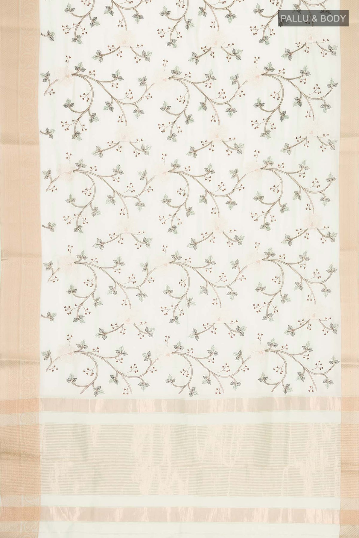 Flat view of Green Blended Organza Silk Saree with Embroidery on the body and Zari Border. 
