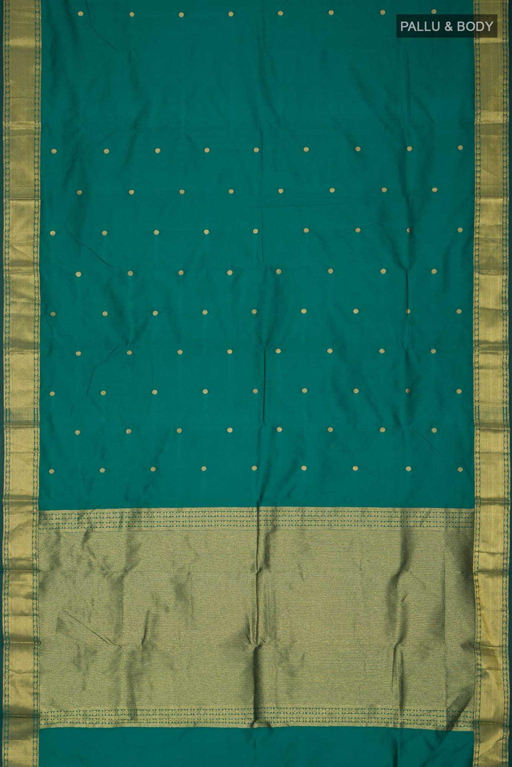 Flat view of Green Blended Bangalore Silk Saree with Zari Butta on the body and Zari Border. 