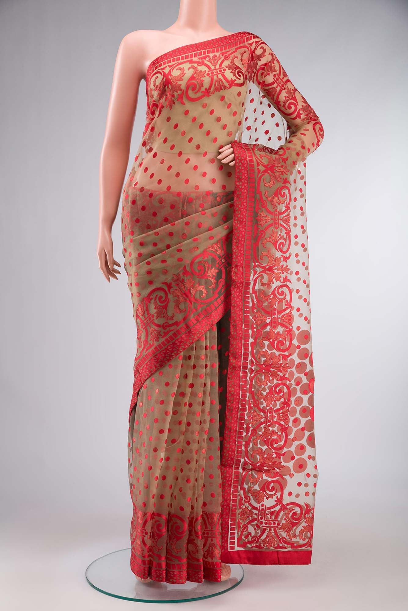 Brown Blended Organza Silk Saree with Jacquard design on the body and Fancy Border.  displayed on a mannequin