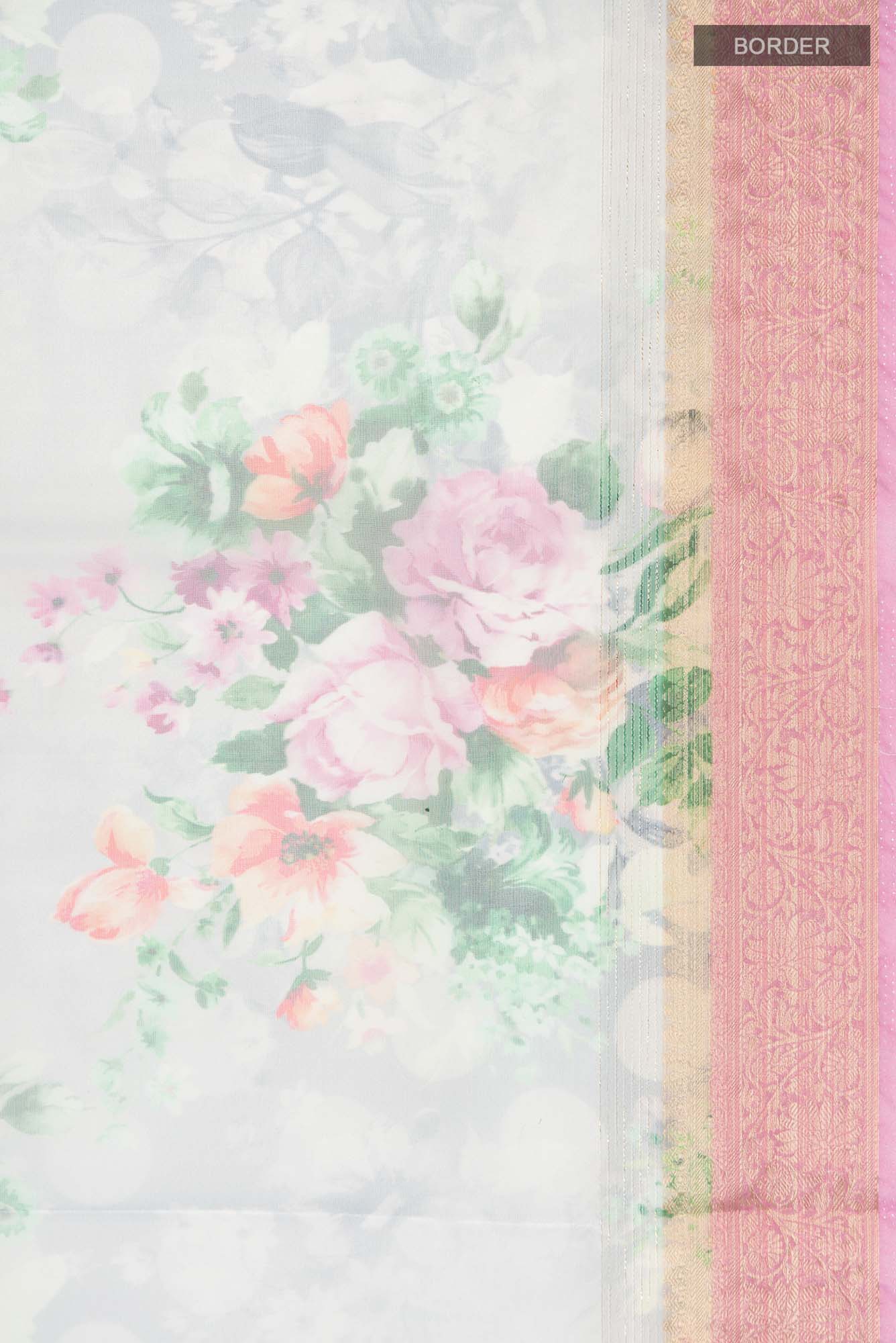 Border image of Grey Blended Organza Silk Saree with Floral Print on the body and Zari Border. 