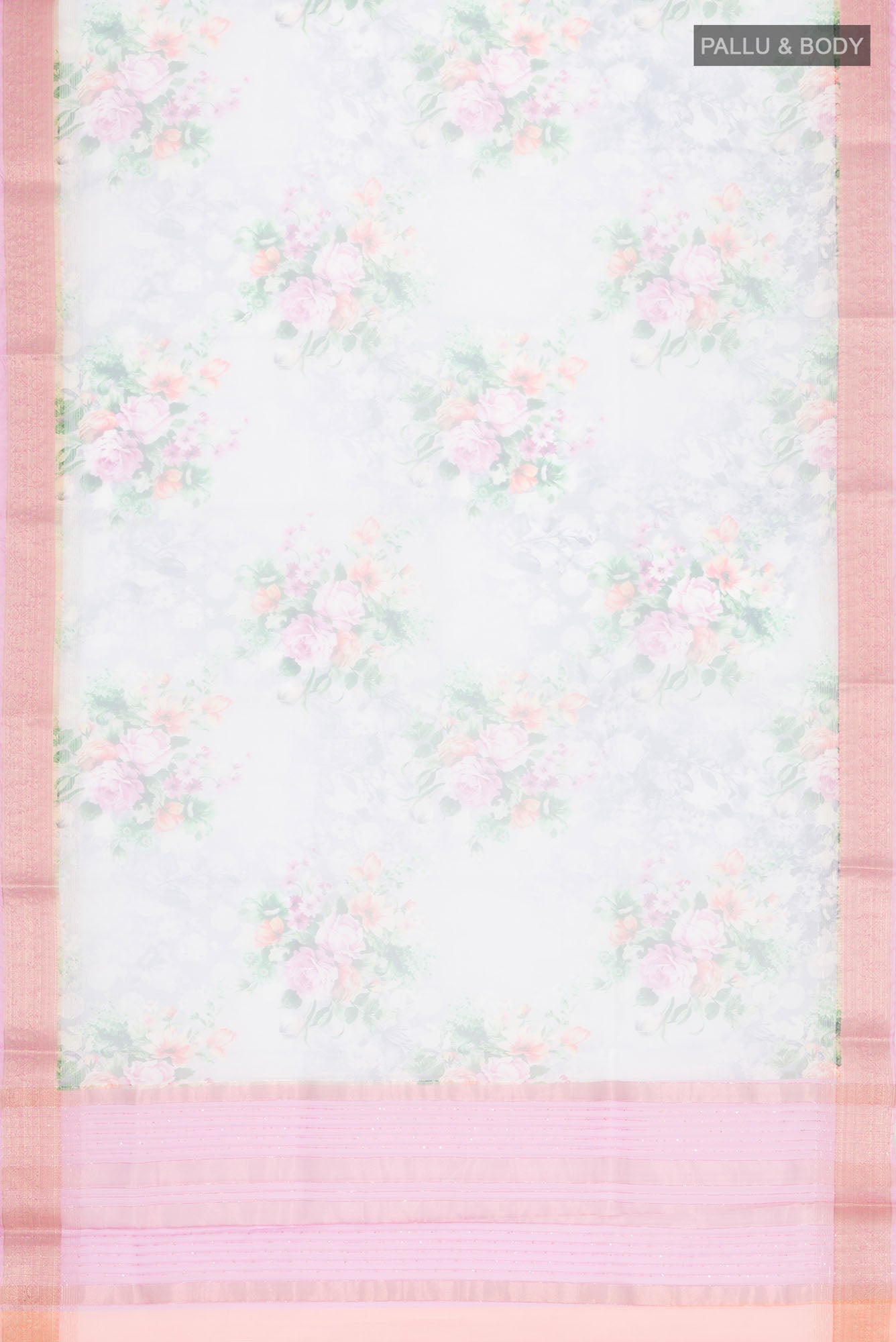 Flat view of Grey Blended Organza Silk Saree with Floral Print on the body and Zari Border. 