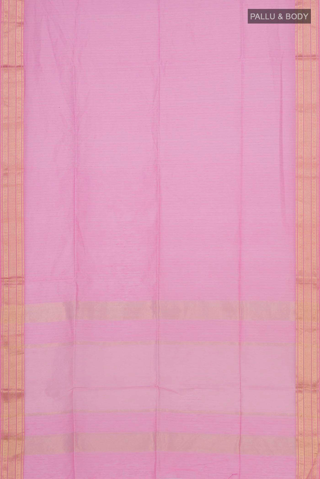 Flat view of Pink Maheshwari Silk Cotton Saree with Stripes on the body and Zari Border. 