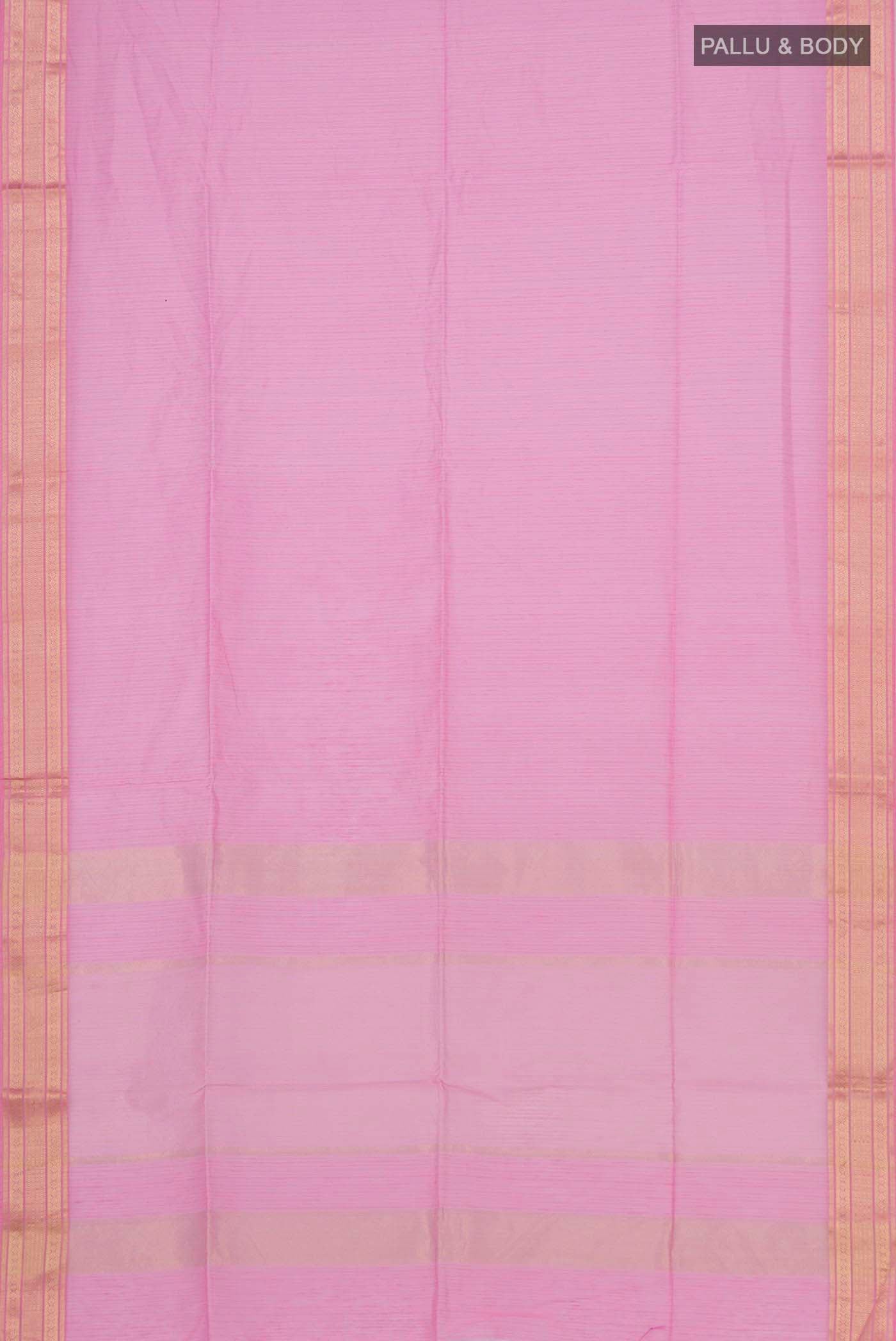 Flat view of Pink Maheshwari Silk Cotton Saree with Stripes on the body and Zari Border. 