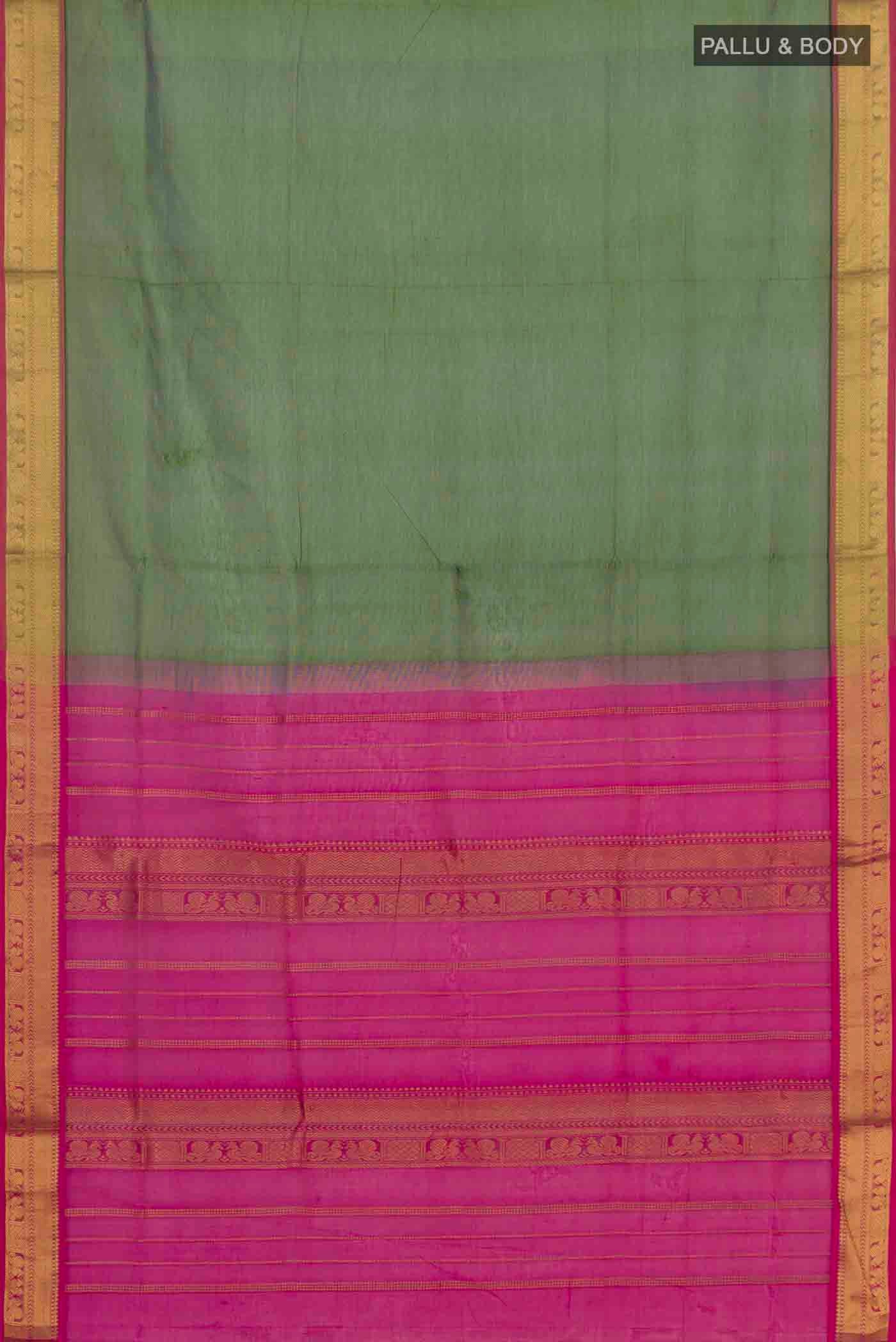 Flat view of Green Silk Cotton Saree with Plain Body and Zari Border. 