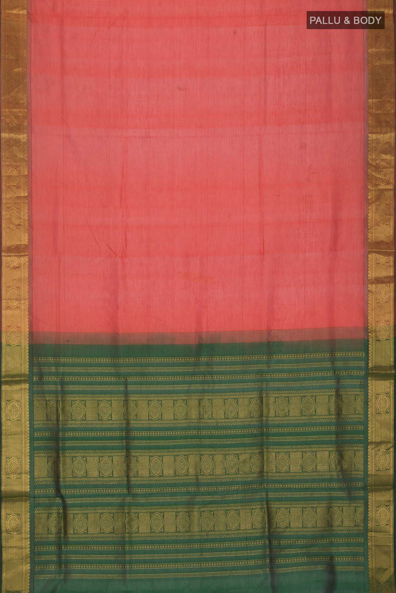 Flat view of Orange Silk Cotton Saree with Plain Body and Zari Border. 