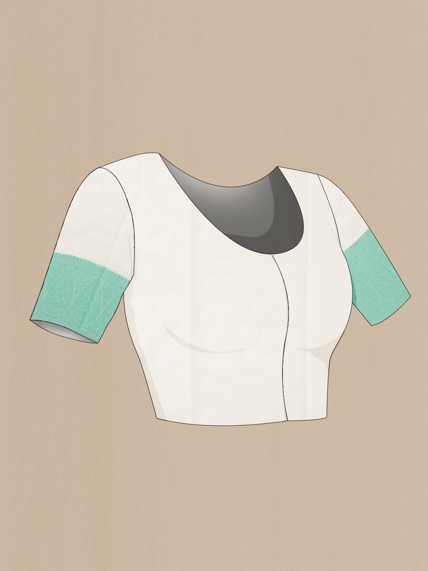 Close up image of the blouse of Cream Blended Kota Cotton Saree with Embroidery on the body and Thread Border. 