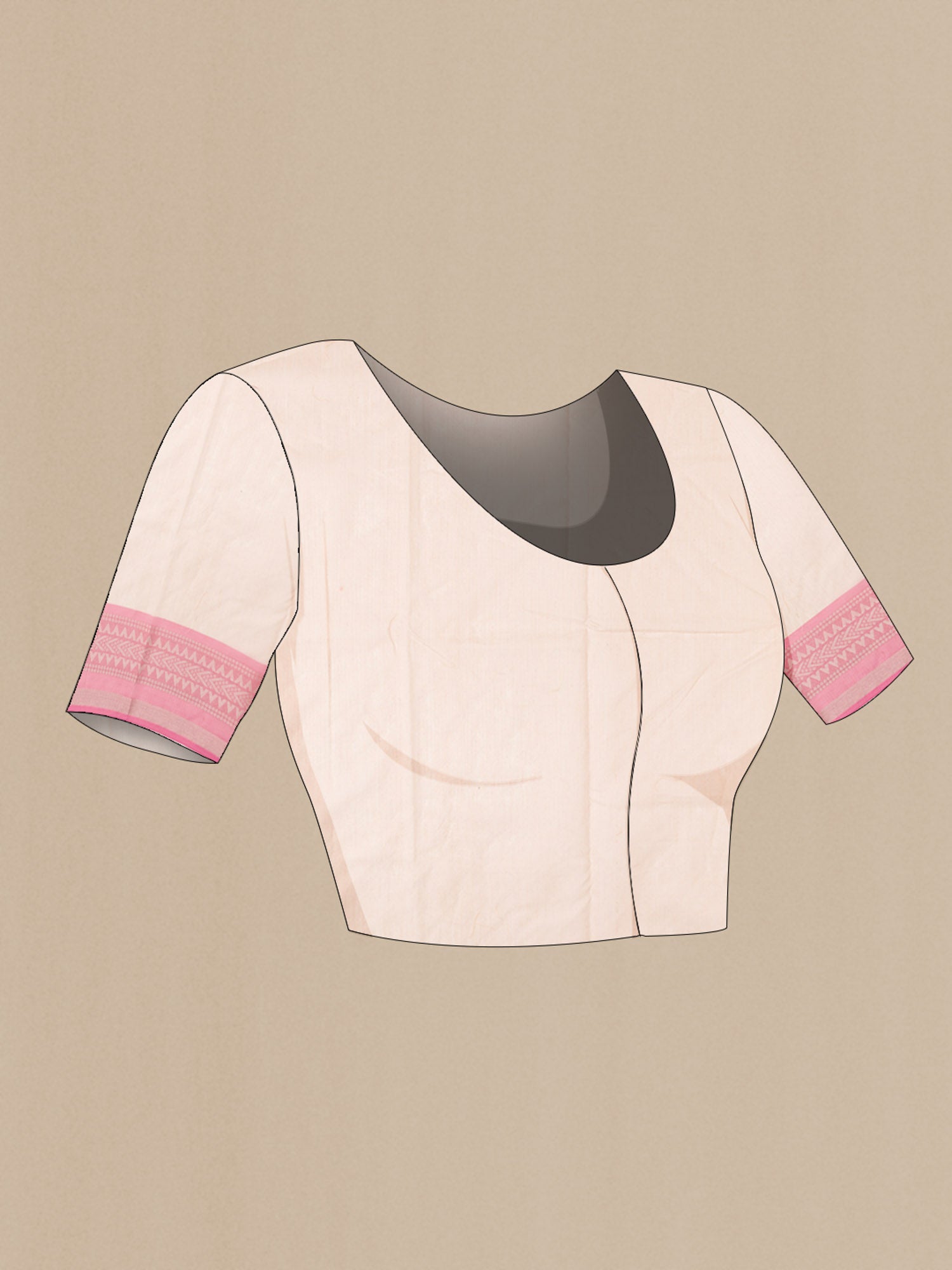 Close up image of the blouse of Cream Blended Kora Cotton Saree with Embroidery on the body and Zari Border. 