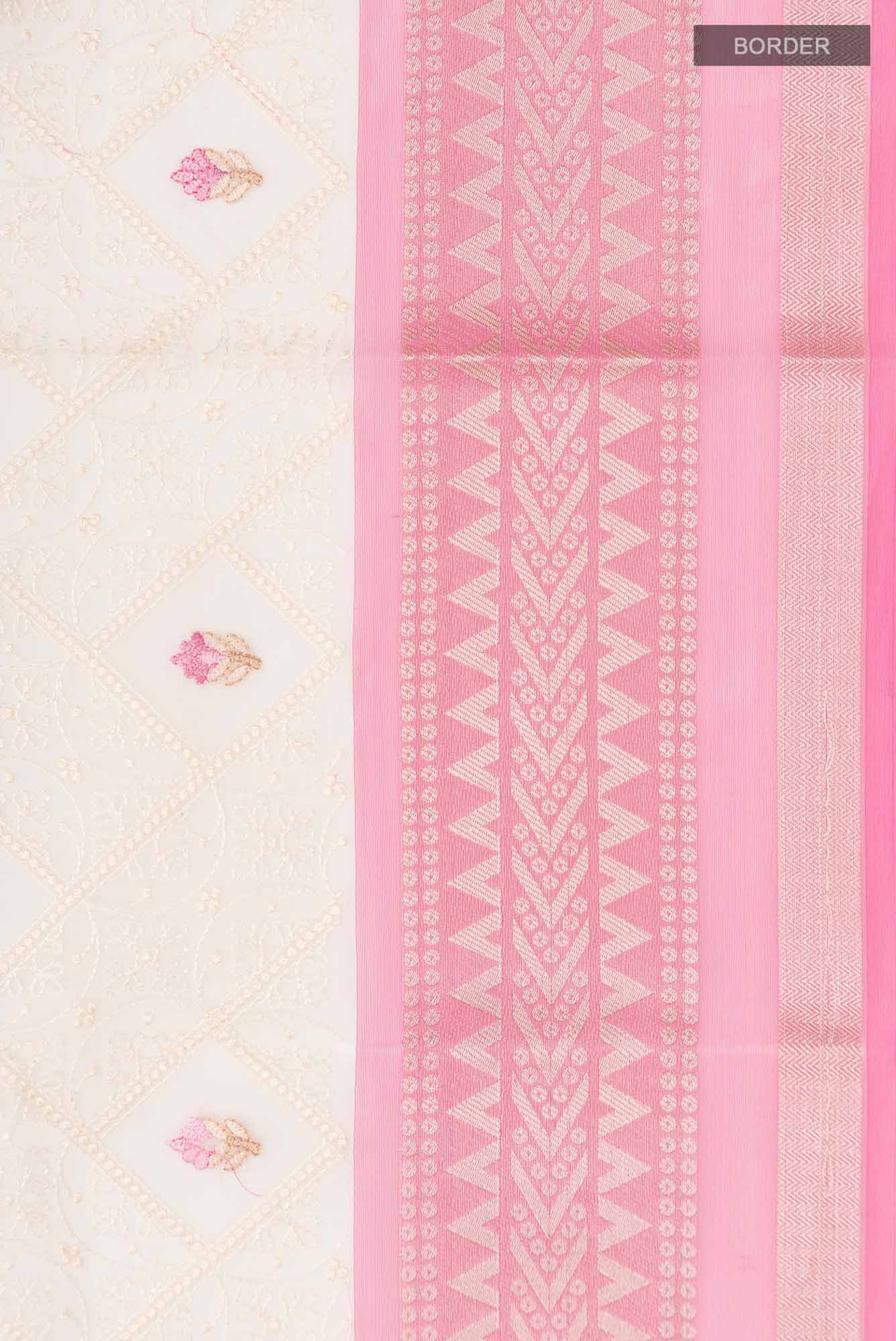 Border image of Cream Blended Kora Cotton Saree with Embroidery on the body and Zari Border. 