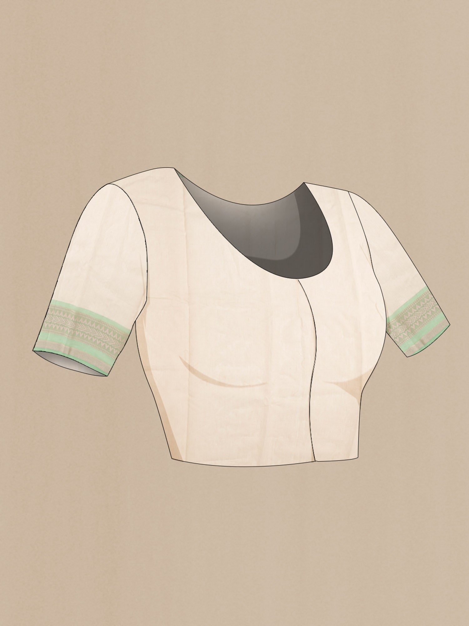 Close up image of the blouse of Cream Blended Kora Cotton Saree with Embroidery on the body and Zari Border. 
