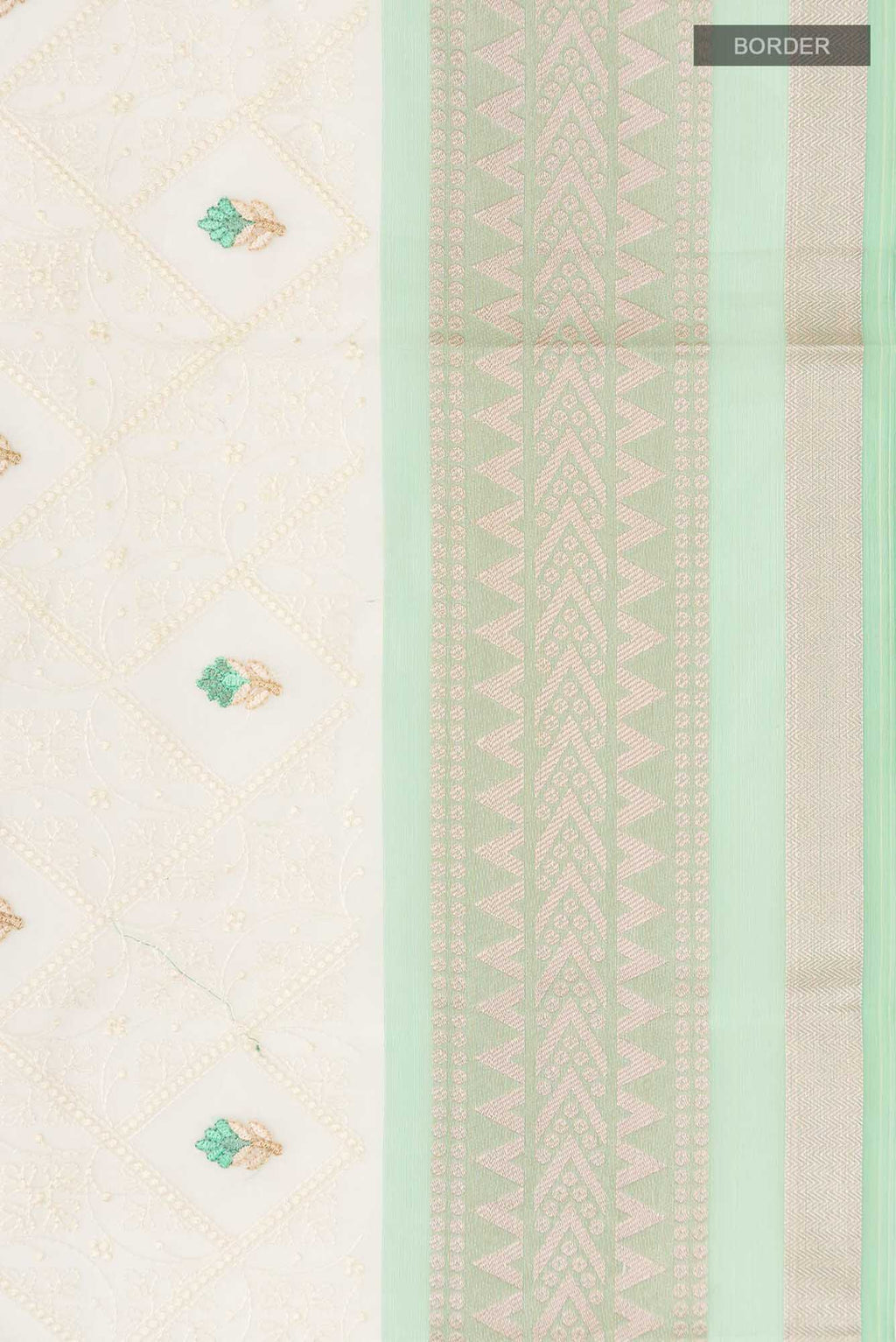 Border image of Cream Blended Kora Cotton Saree with Embroidery on the body and Zari Border. 