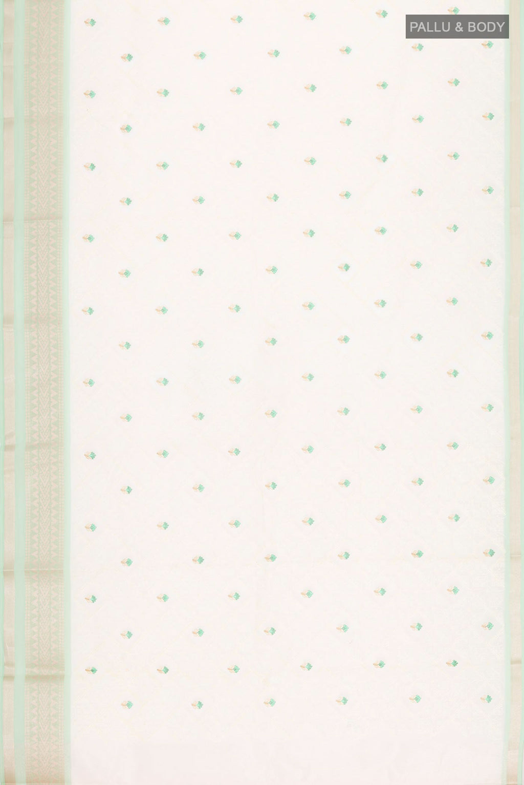 Flat view of Cream Blended Kora Cotton Saree with Embroidery on the body and Zari Border. 