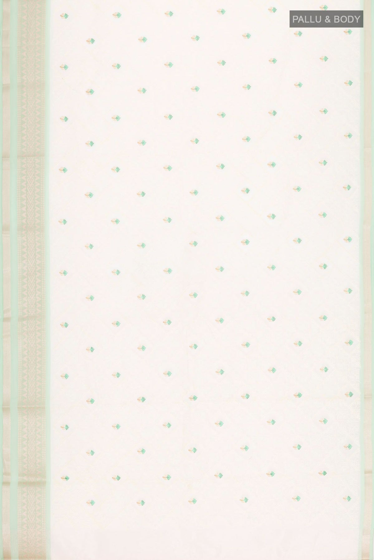 Flat view of Cream Blended Kora Cotton Saree with Embroidery on the body and Zari Border. 