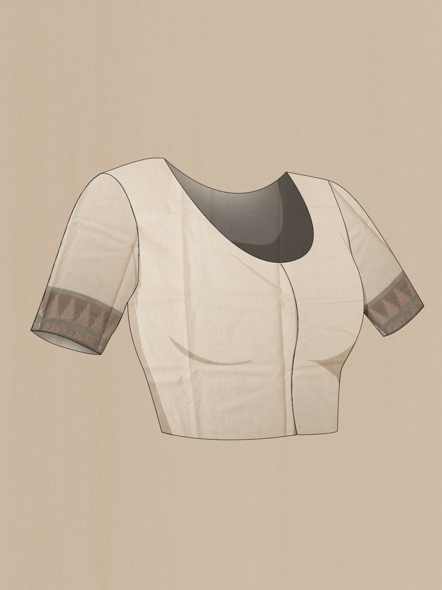 Close up image of the blouse of Cream Blended Kora Cotton Saree with Embroidery on the body and Zari And Thread Border. 