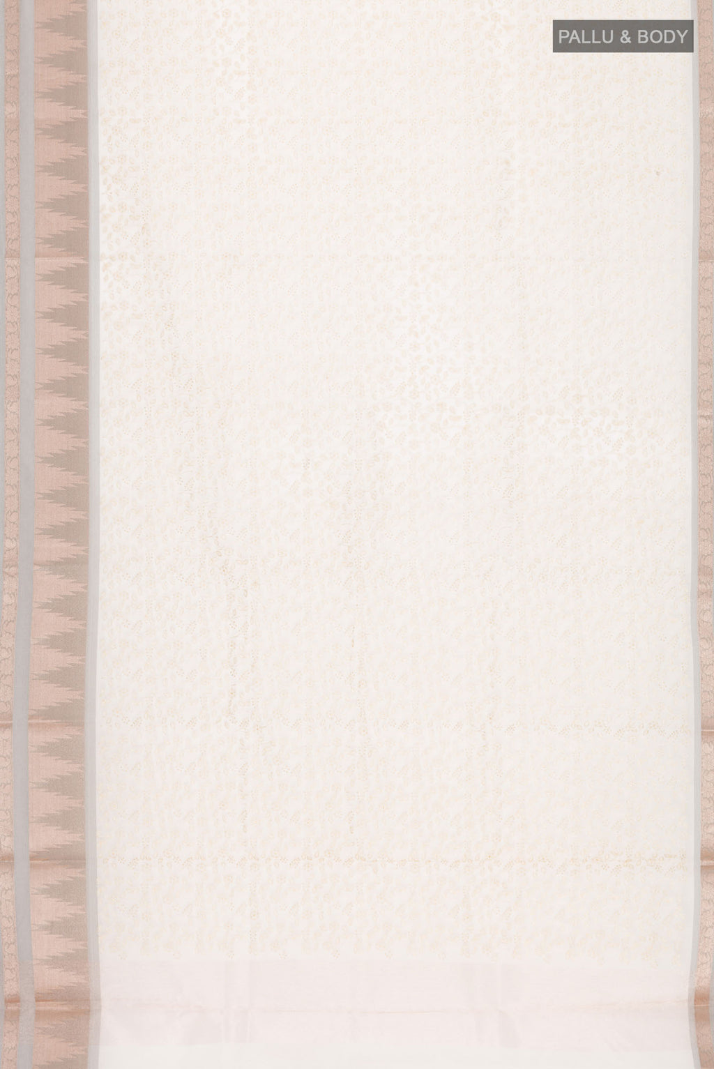 Flat view of Cream Blended Kora Cotton Saree with Embroidery on the body and Zari And Thread Border. 