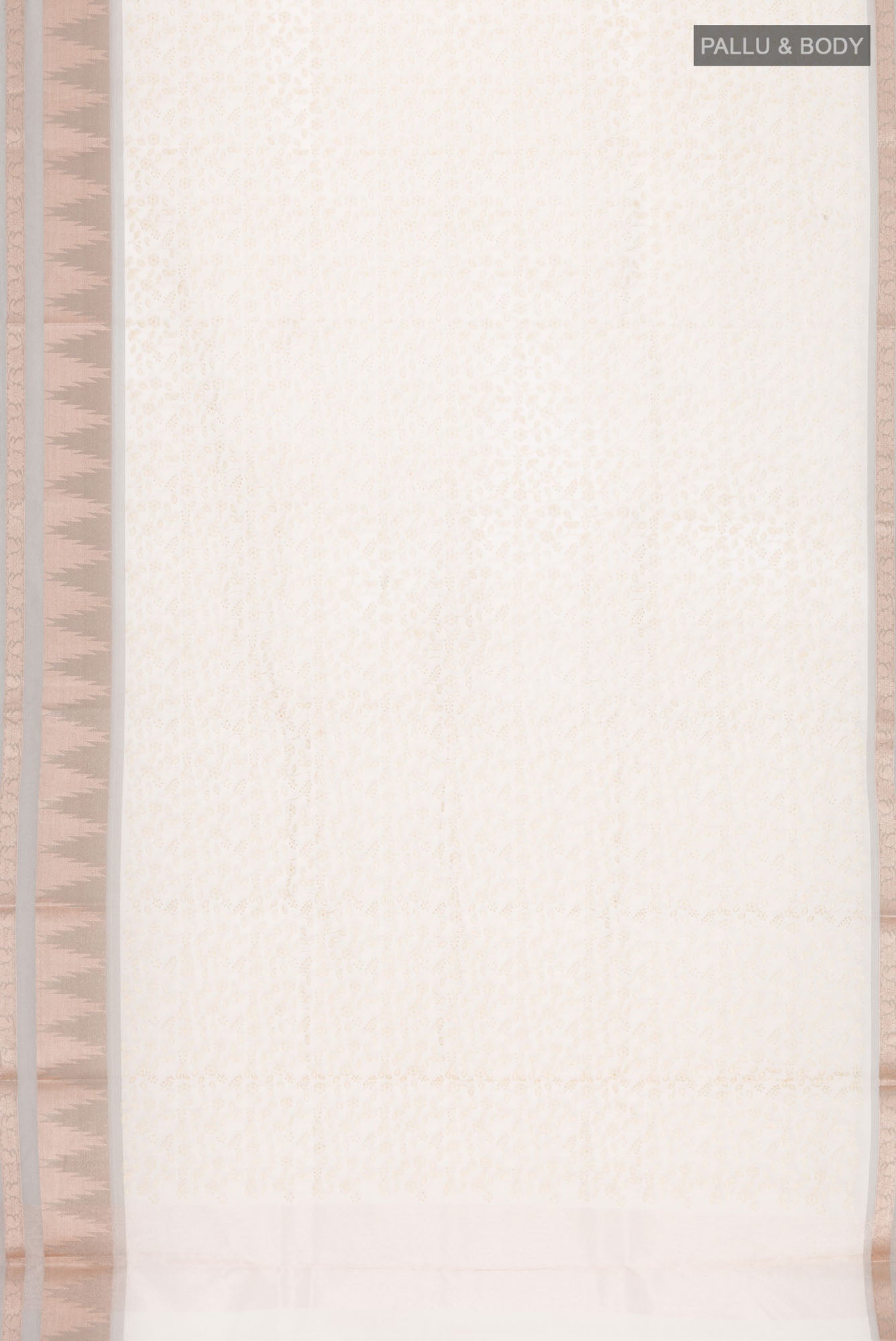 Flat view of Cream Blended Kora Cotton Saree with Embroidery on the body and Zari And Thread Border. 