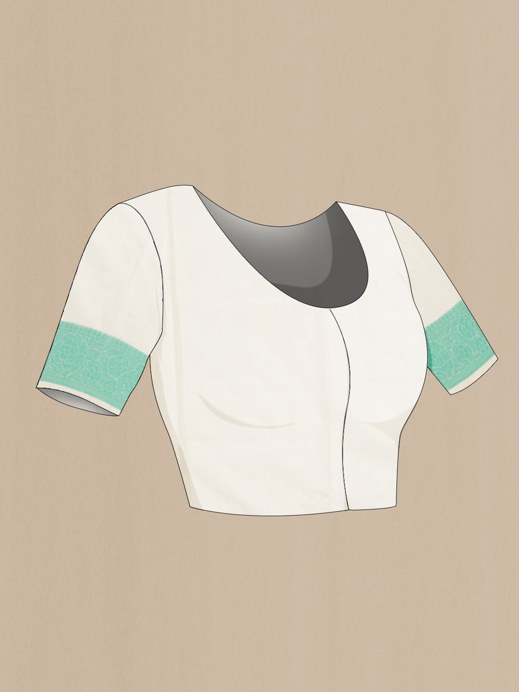 Close up image of the blouse of Cream Blended Kota Cotton Saree with Embroidery on the body and Thread Border. 