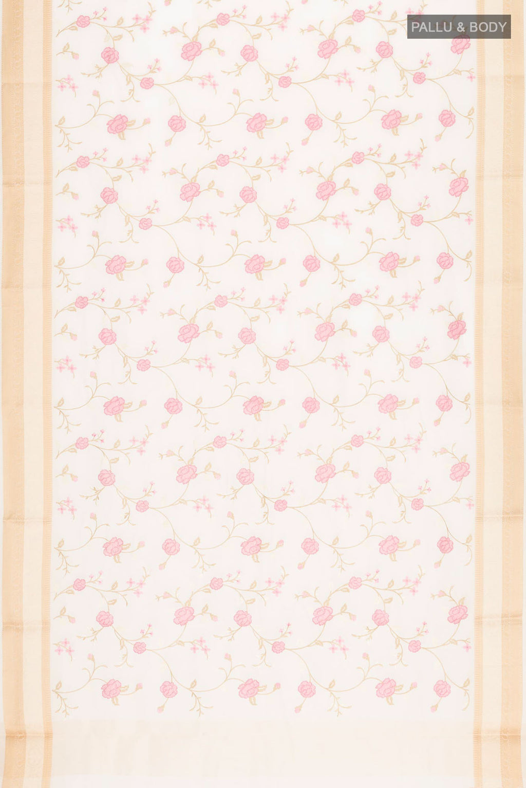 Flat view of Cream Blended Kota Cotton Saree with Embroidery on the body and Thread Border. 