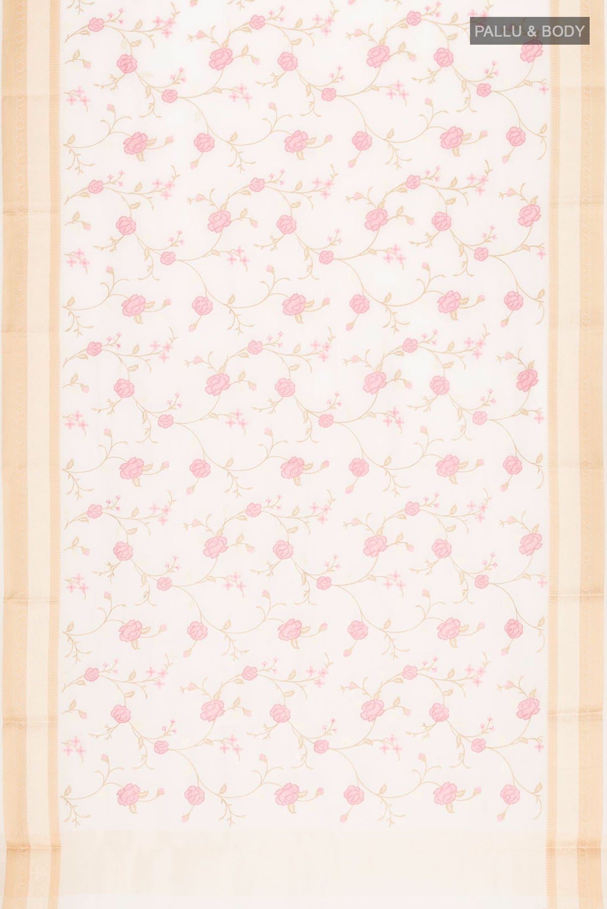 Flat view of Cream Blended Kota Cotton Saree with Embroidery on the body and Thread Border. 