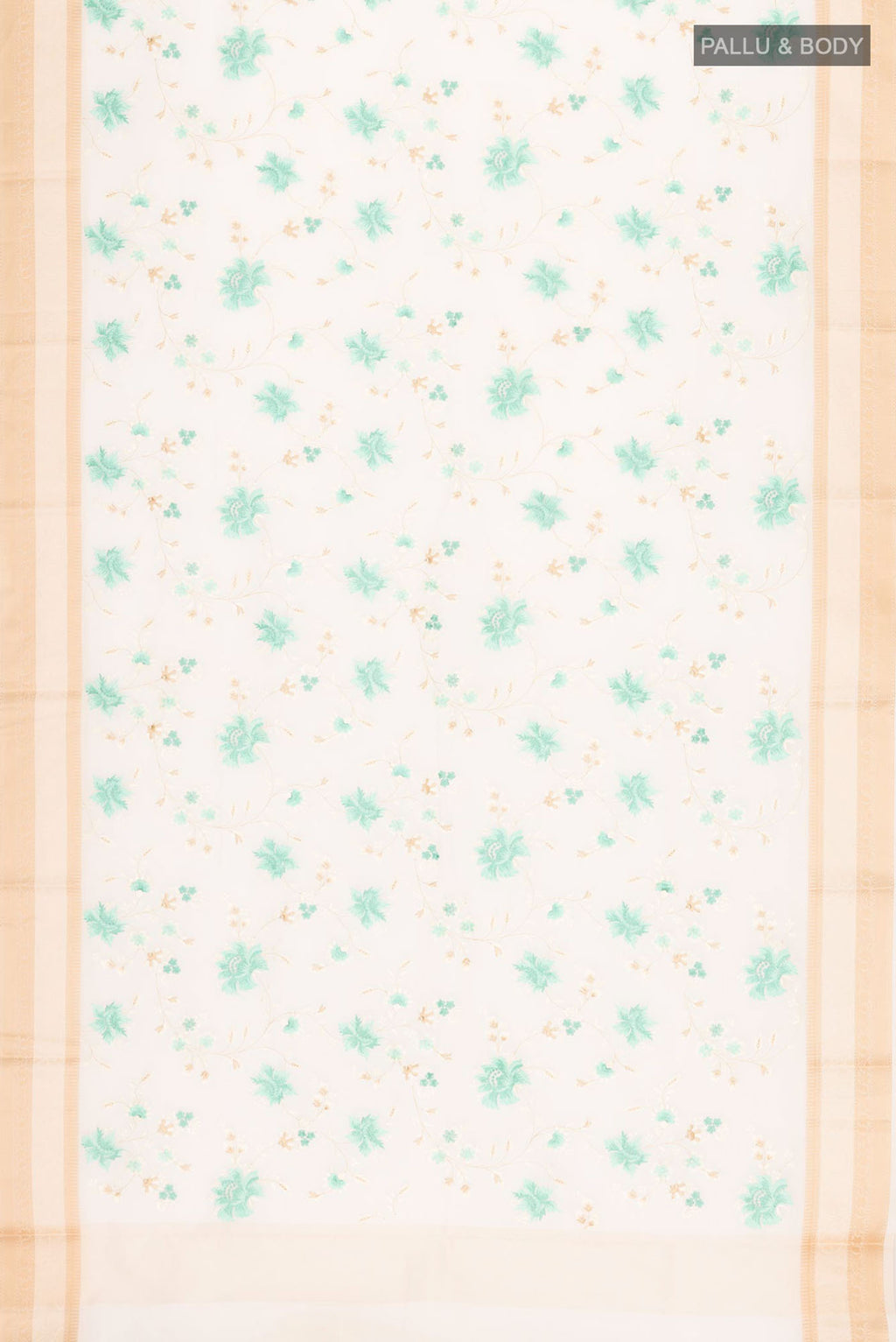Flat view of Cream Blended Kota Cotton Saree with Embroidery on the body and Thread Border. 