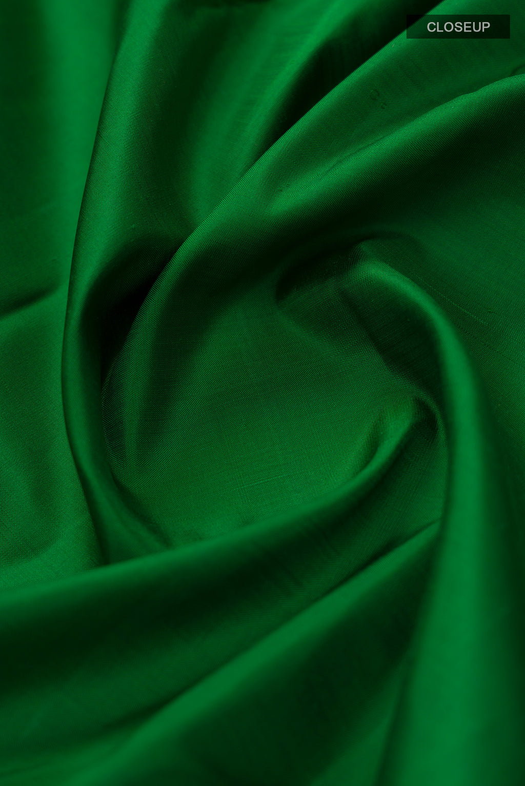 Close up of Green Kanchipuram Silk Saree with Plain Body and Zari Border.  displaying folds