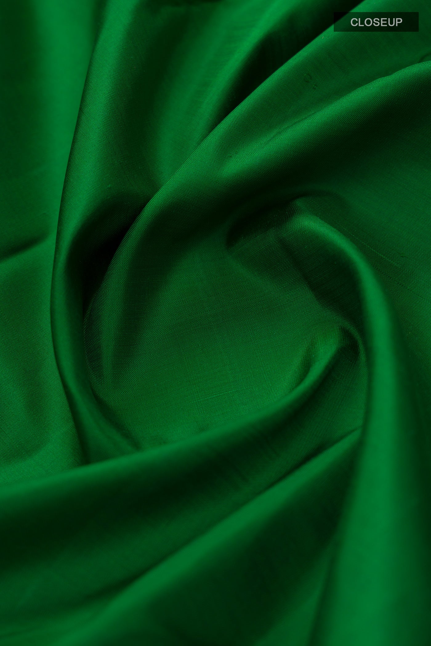Close up of Green Kanchipuram Silk Saree with Plain Body and Zari Border.  displaying folds