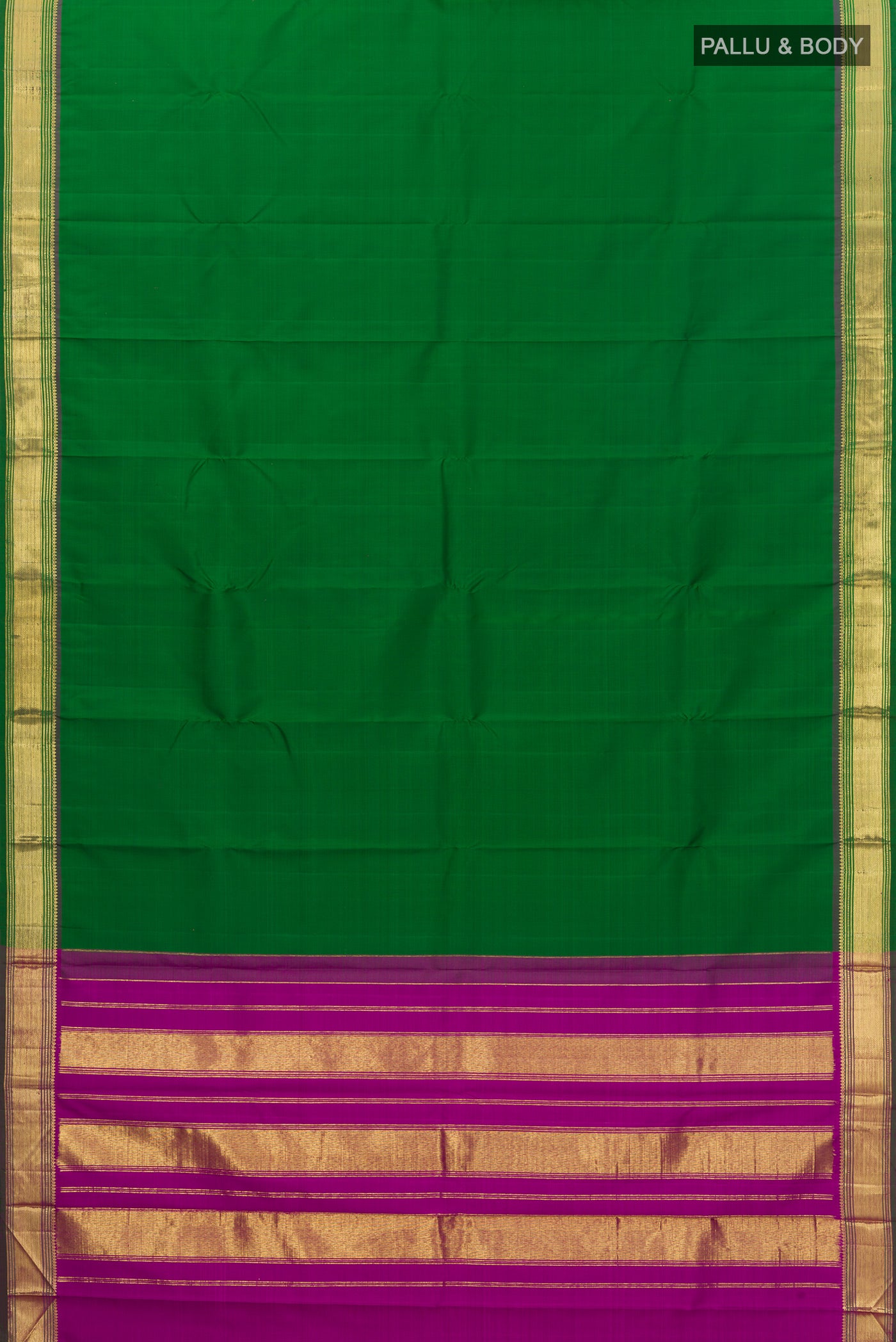 Flat view of Green Kanchipuram Silk Saree with Plain Body and Zari Border. 