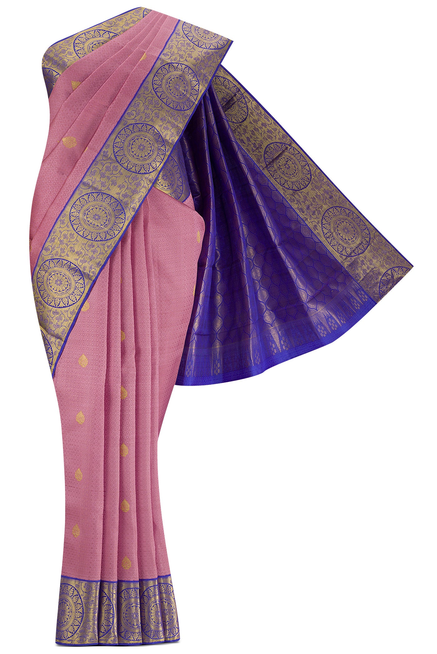Pink Kanjivaram Silk Saree with Jacquard With Zari Butta on the body and Zari Border.  displayed on a mannequin