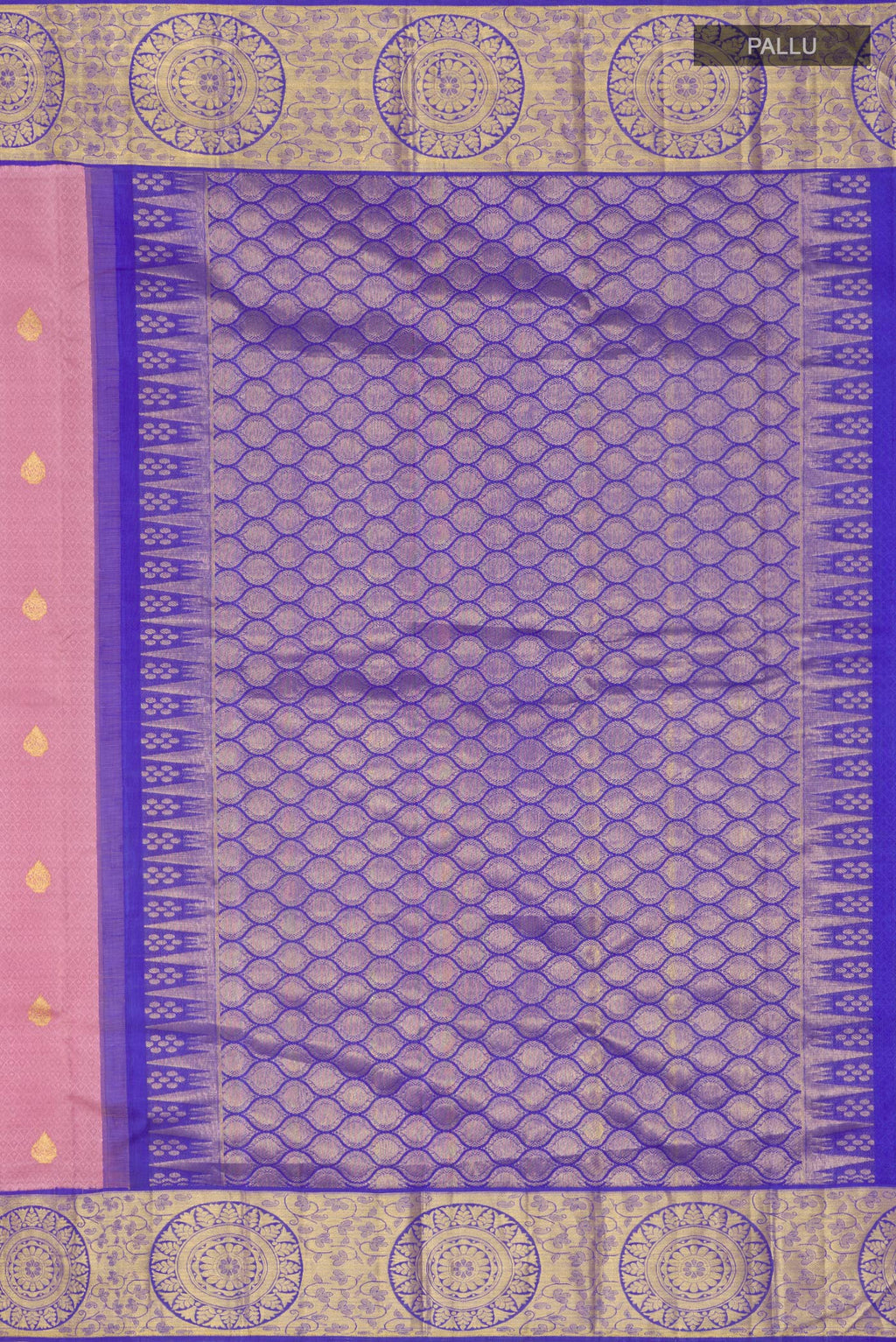 Close up image of the pallu of Pink Kanjivaram Silk Saree with Jacquard With Zari Butta on the body and Zari Border. 