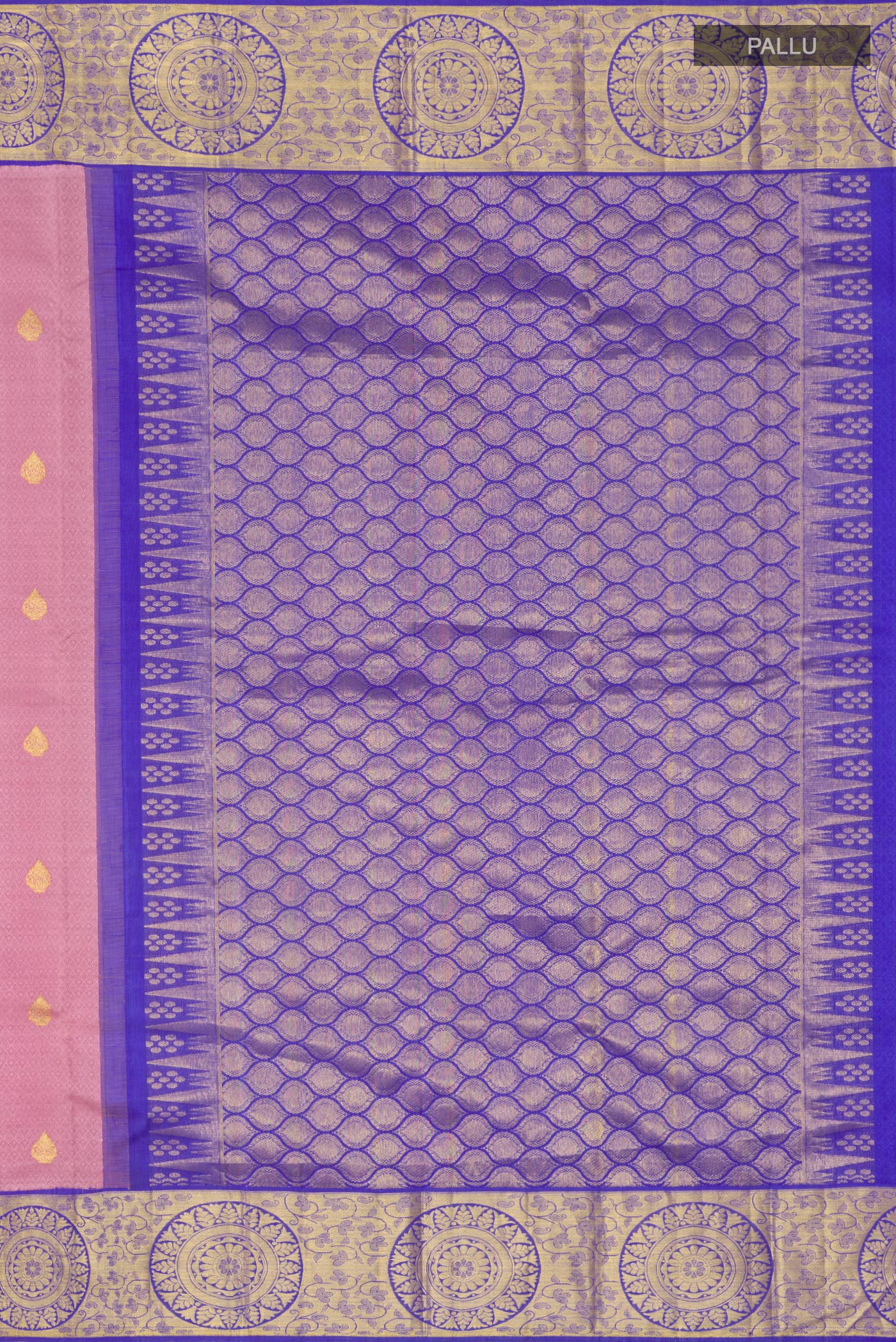 Close up image of the pallu of Pink Kanjivaram Silk Saree with Jacquard With Zari Butta on the body and Zari Border. 