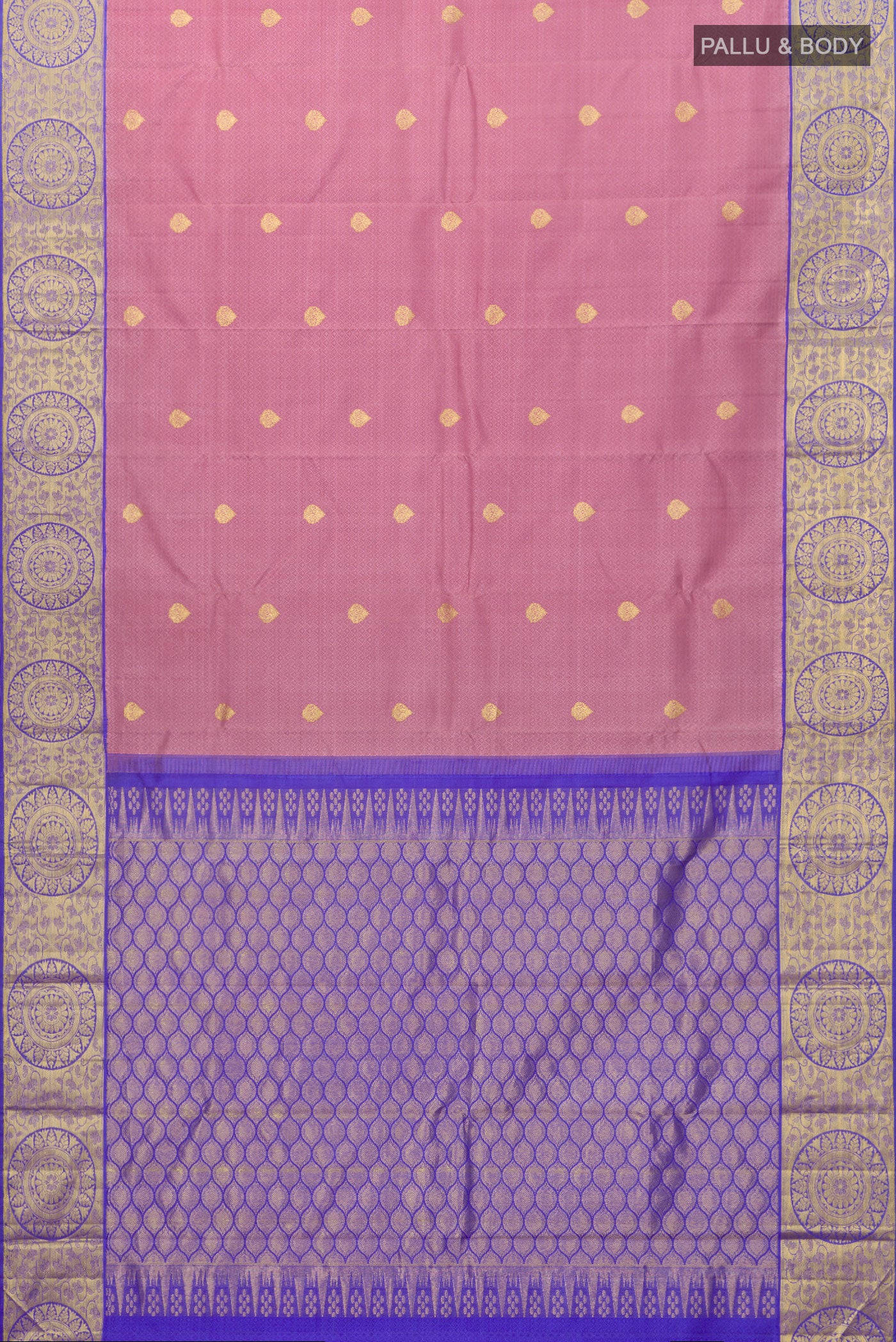 Flat view of Pink Kanjivaram Silk Saree with Jacquard With Zari Butta on the body and Zari Border. 