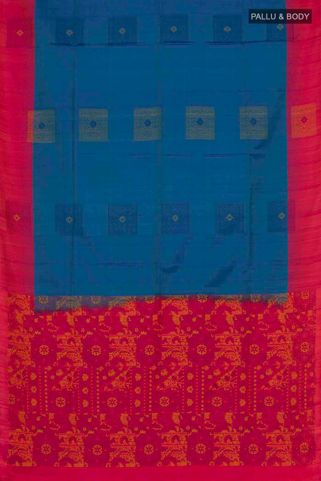 Flat view of Blue Soft Silk Saree with Thread Butta on the body and Plain Border. 