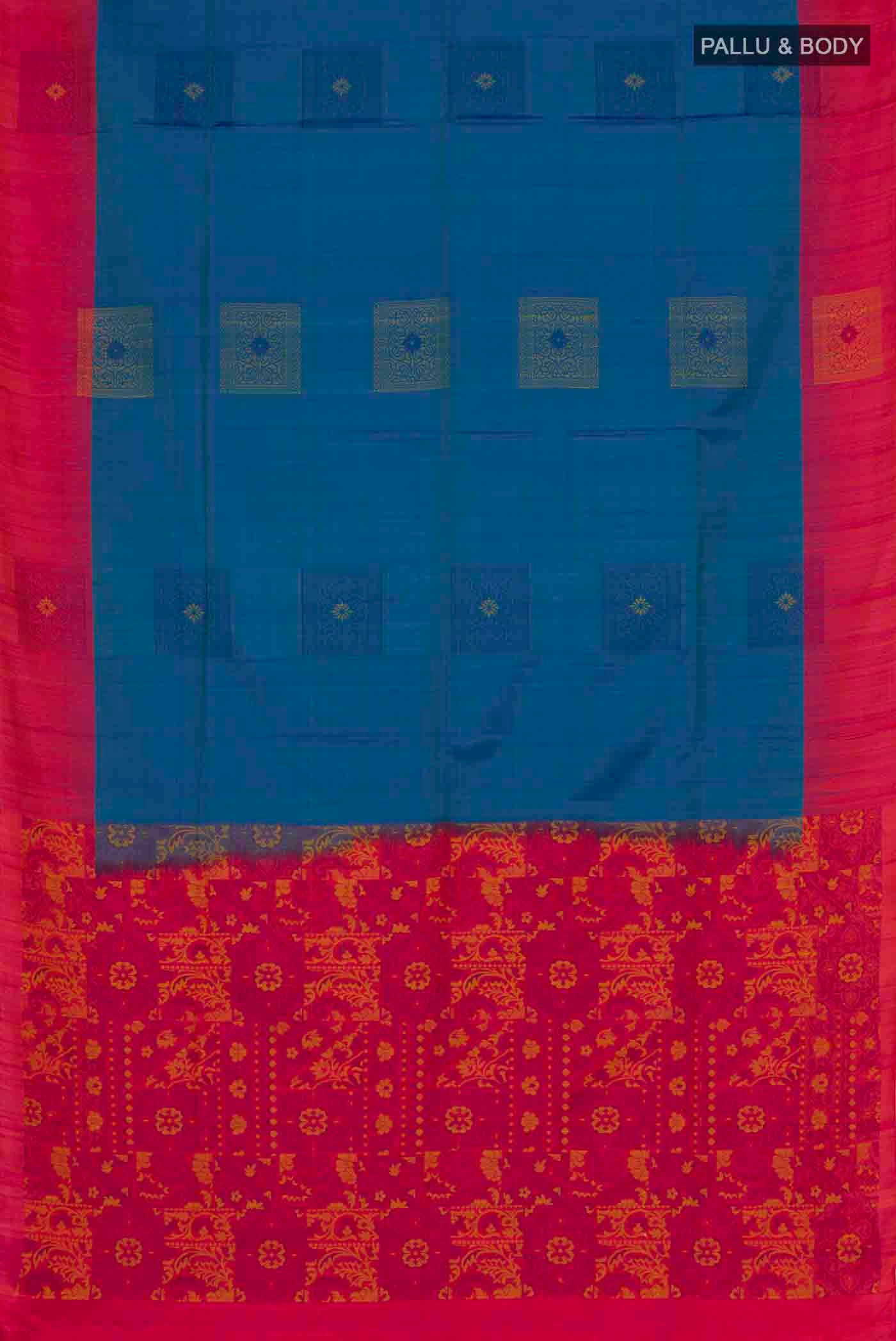 Flat view of Blue Soft Silk Saree with Thread Butta on the body and Plain Border. 