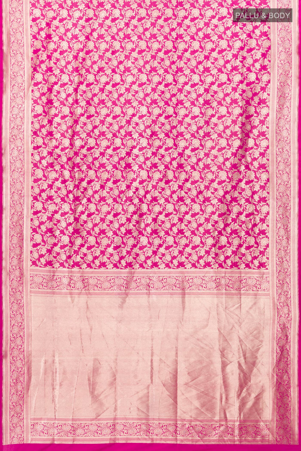 Flat view of Pink Banarasi Silk Saree with Zari Brocade on the body and Zari Border
