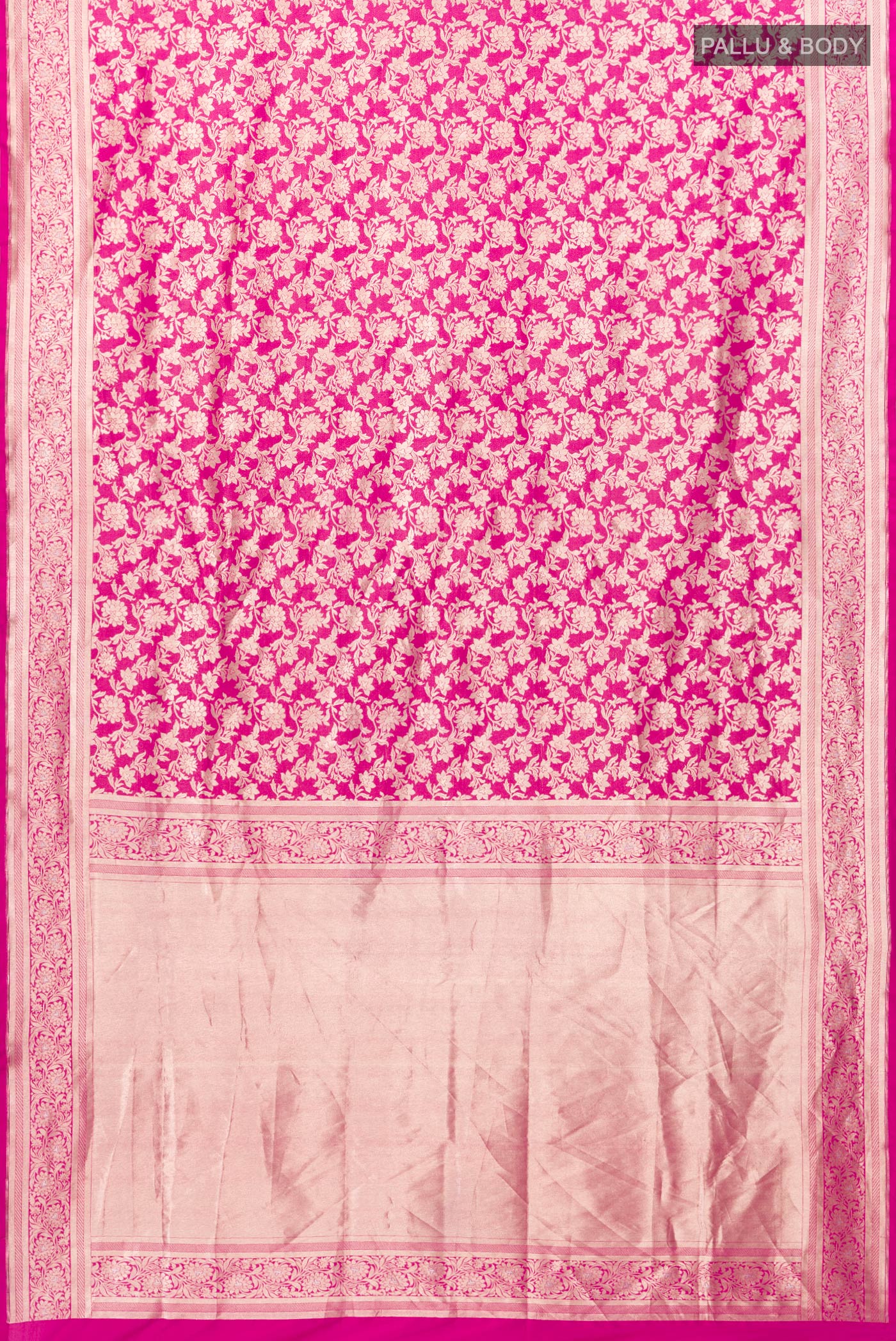 Flat view of Pink Banarasi Silk Saree with Zari Brocade on the body and Zari Border