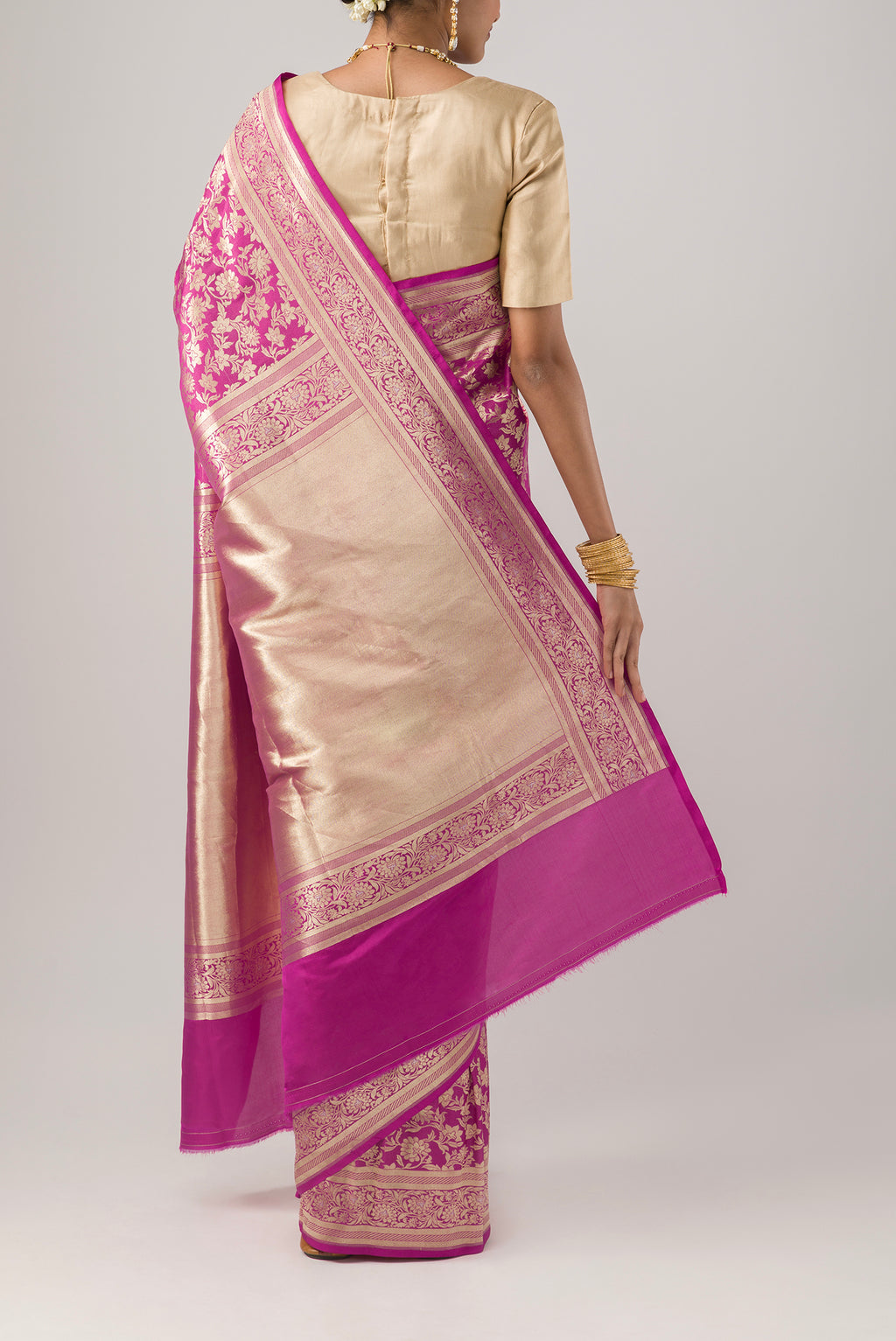 Pleats and pallu of Pink Banarasi Silk Saree with Zari Brocade on the body and Zari Border