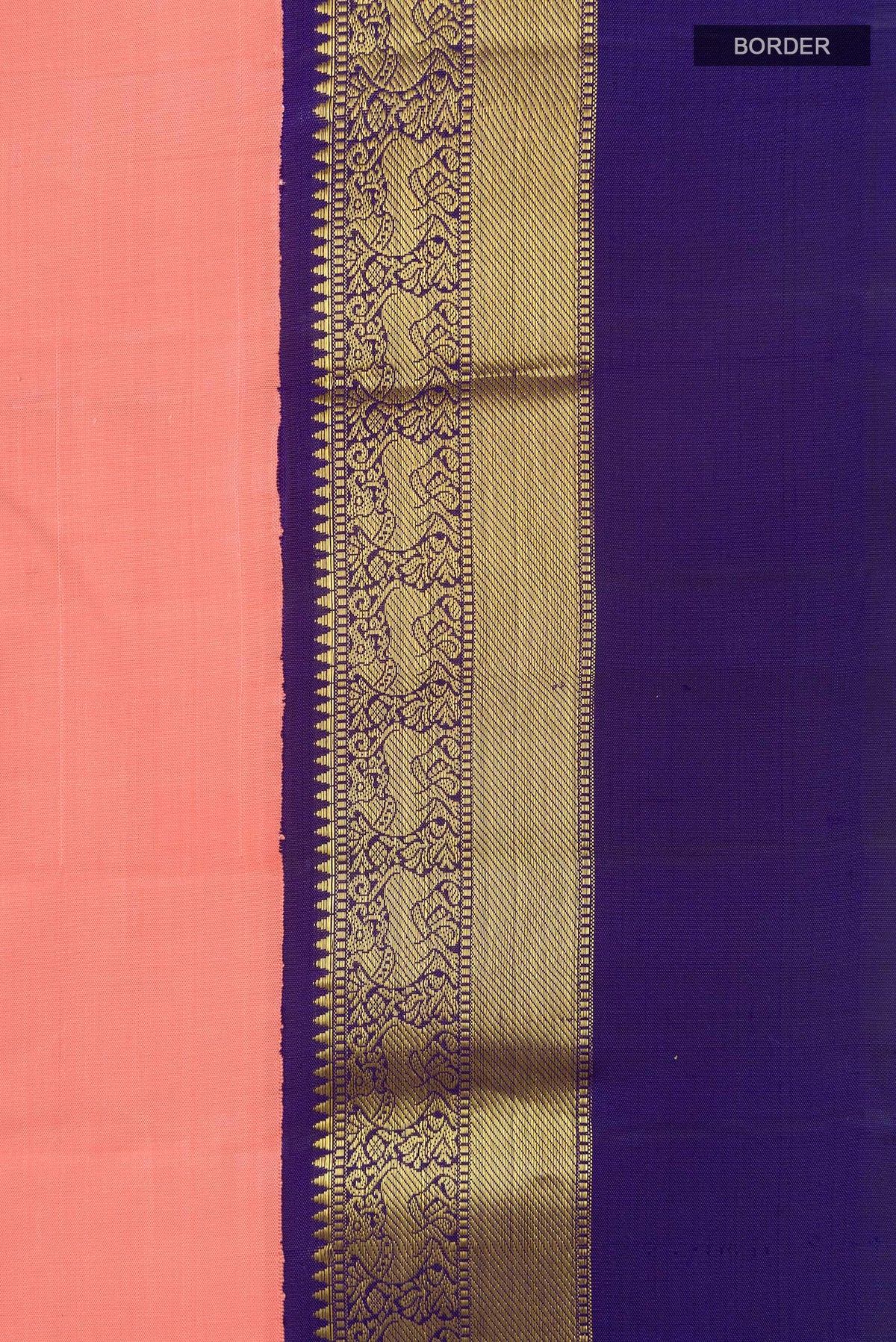 Border image of Peach Kanjivaram Silk Saree with Plain Body and Zari Border. 
