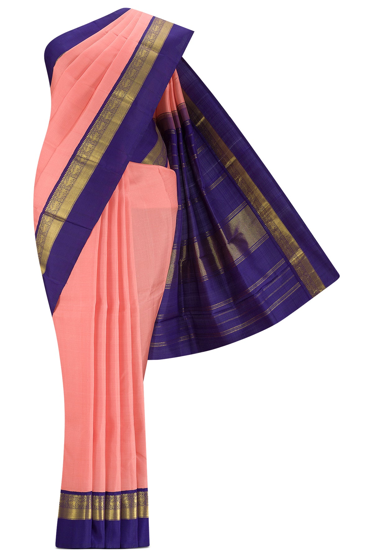 Peach Kanjivaram Silk Saree with Plain Body and Zari Border.  displayed on a mannequin