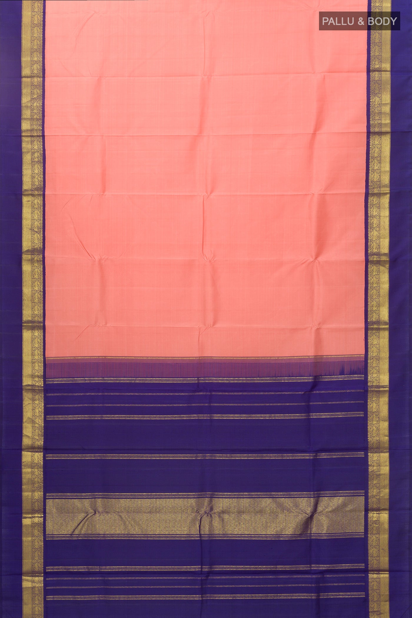 Flat view of Peach Kanjivaram Silk Saree with Plain Body and Zari Border. 
