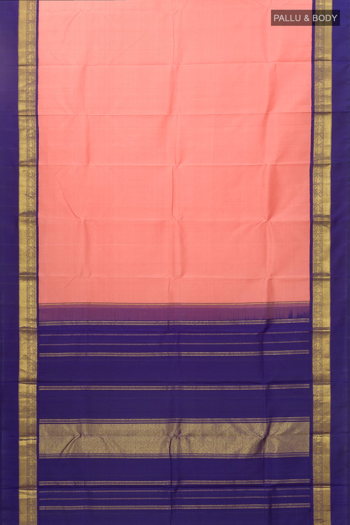 Flat view of Peach Kanjivaram Silk Saree with Plain Body and Zari Border. 