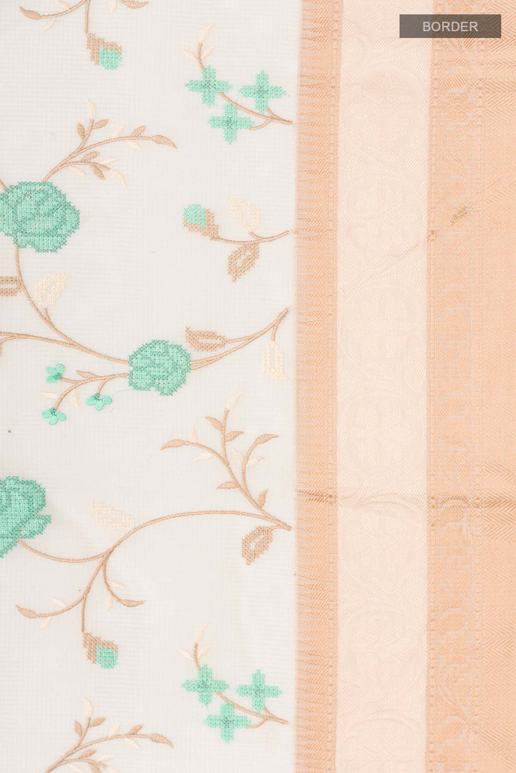 Border image of Cream Blended Kota Cotton Saree with Embroidery on the body and Thread Border. 