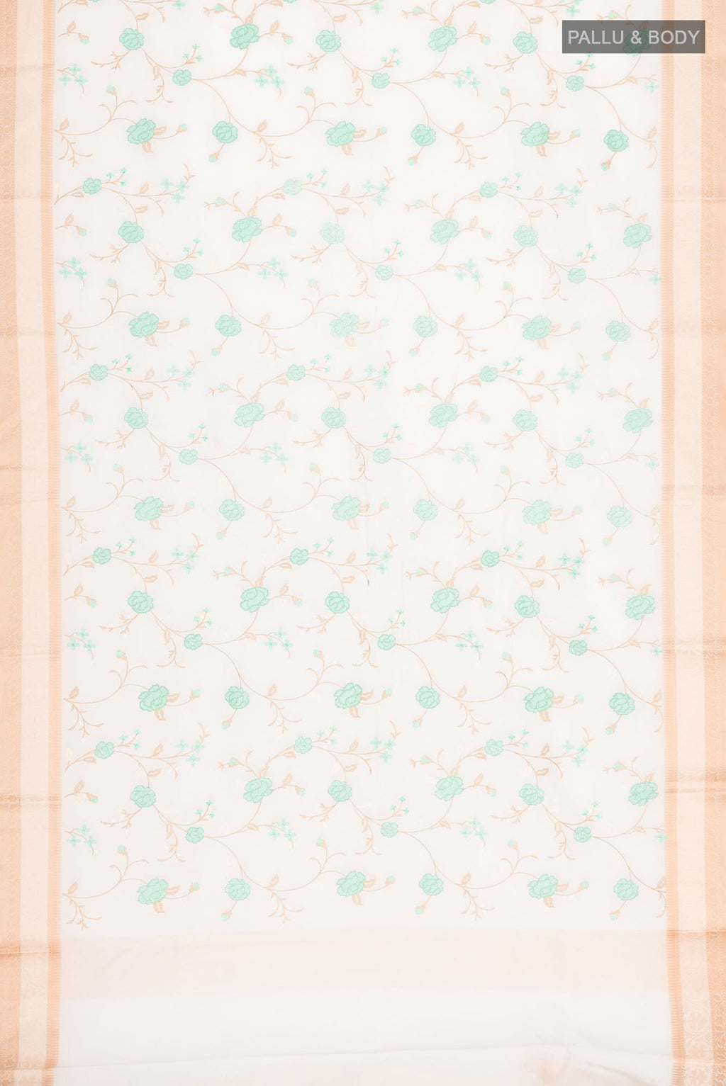 Flat view of Cream Blended Kota Cotton Saree with Embroidery on the body and Thread Border. 
