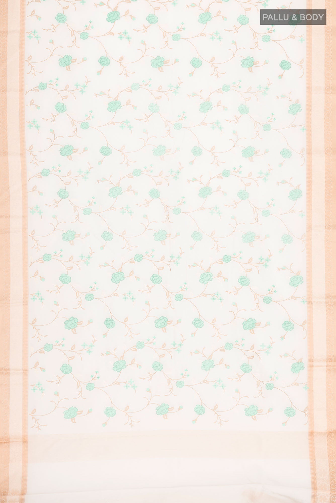 Flat view of Cream Blended Kota Cotton Saree with Embroidery on the body and Thread Border. 