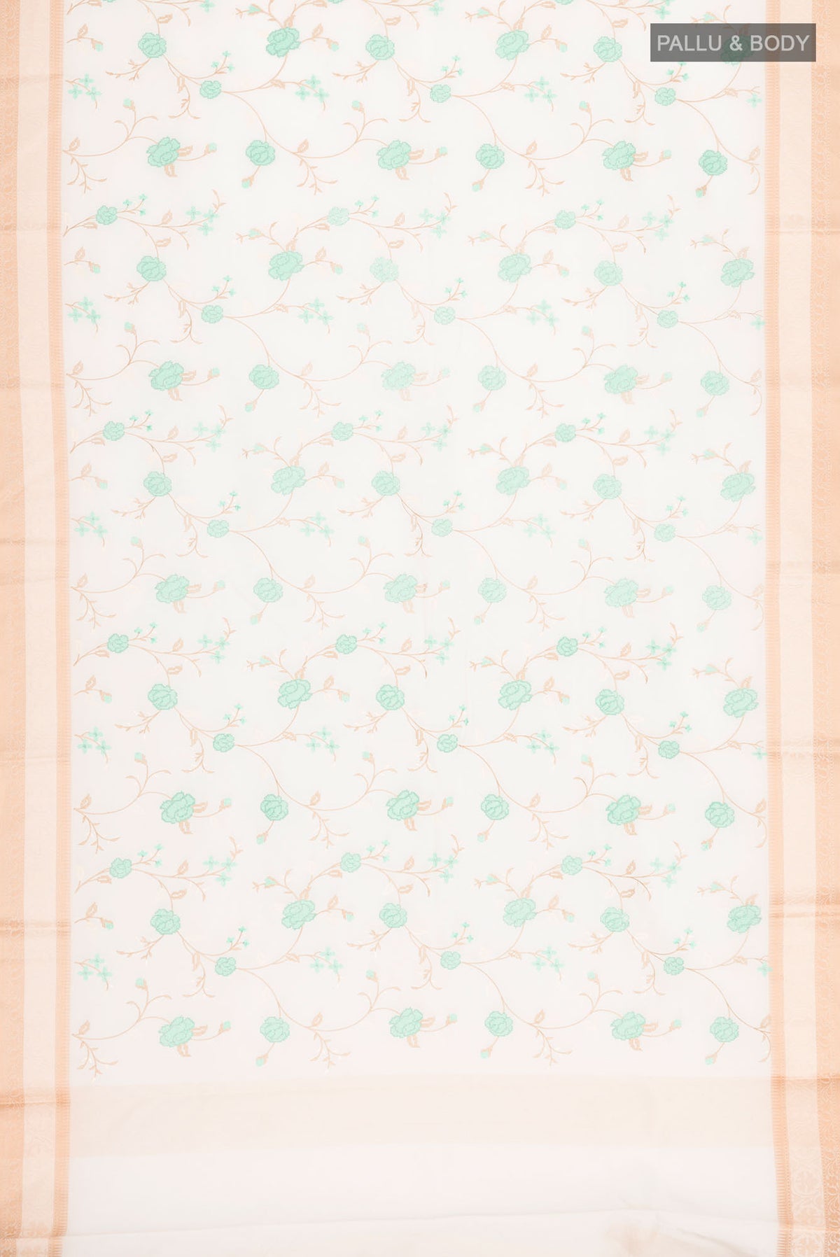 Flat view of Cream Blended Kota Cotton Saree with Embroidery on the body and Thread Border. 