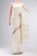 Off White Bengal Cotton Saree with Thread Butta on the body and Plain Border.  displayed on a mannequin