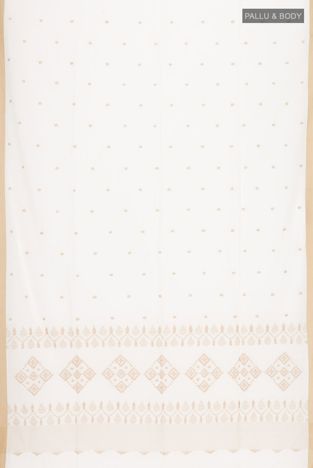 Flat view of Off White Bengal Cotton Saree with Thread Butta on the body and Plain Border. 