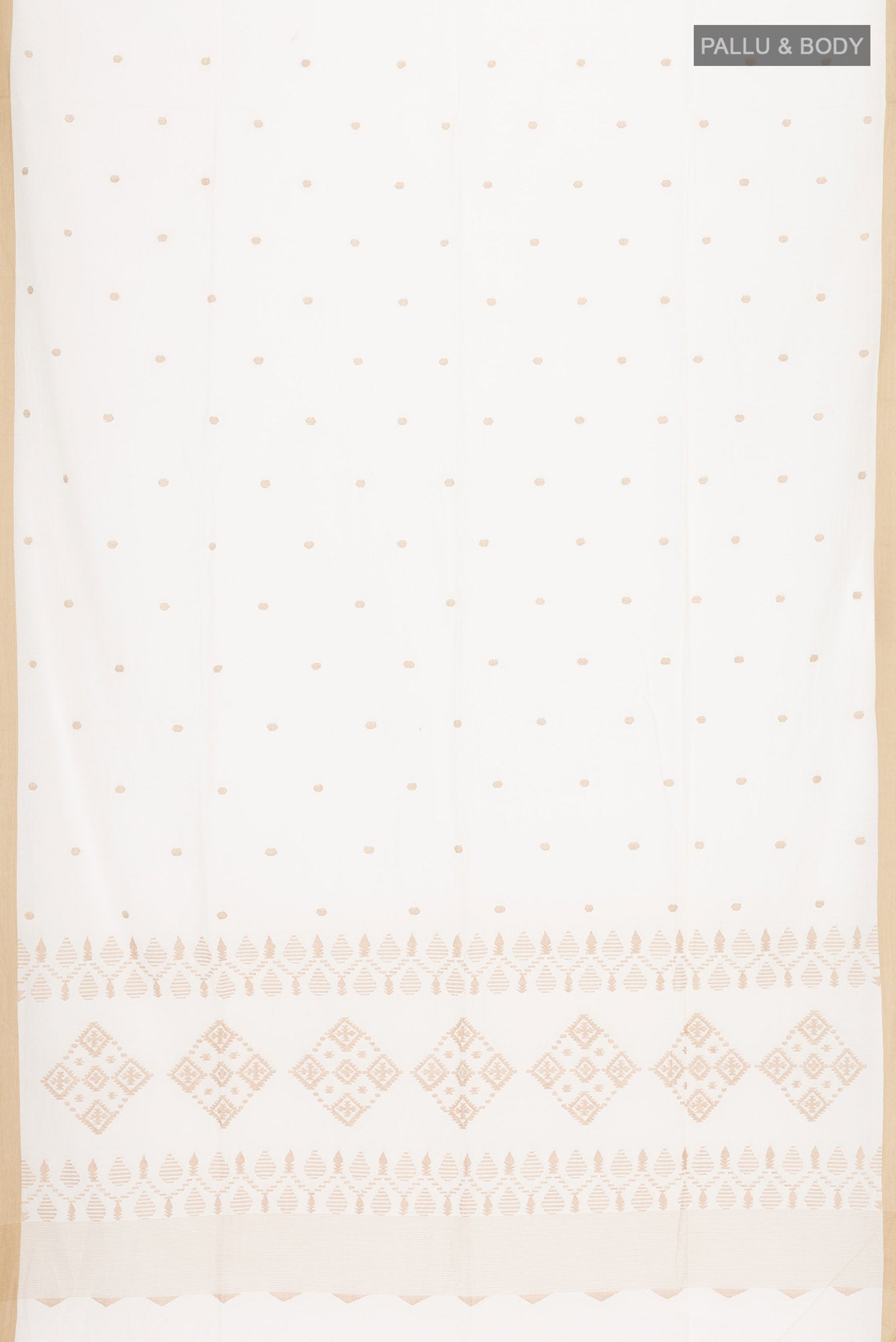 Flat view of Off White Bengal Cotton Saree with Thread Butta on the body and Plain Border. 
