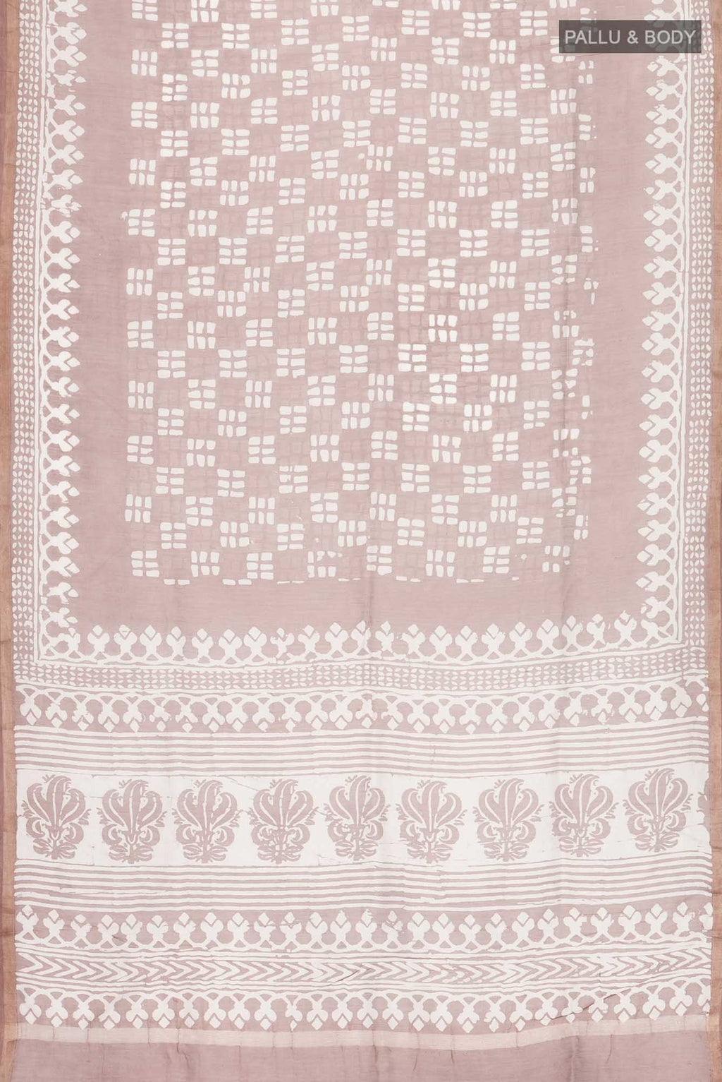 Flat view of Mauve Maheshwari Silk Cotton Saree with Printed design on the body and Printed Border. 