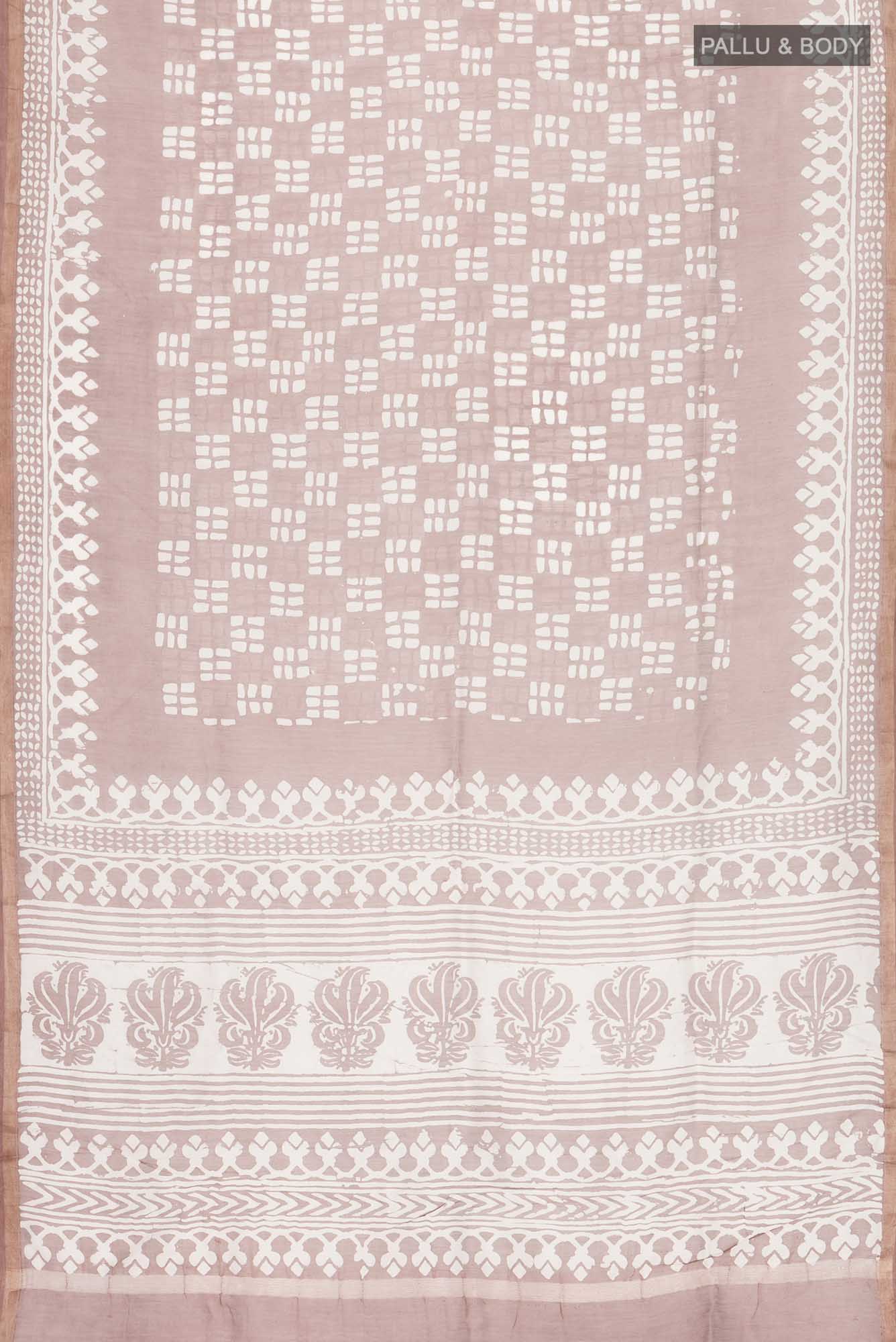 Flat view of Mauve Maheshwari Silk Cotton Saree with Printed design on the body and Printed Border. 