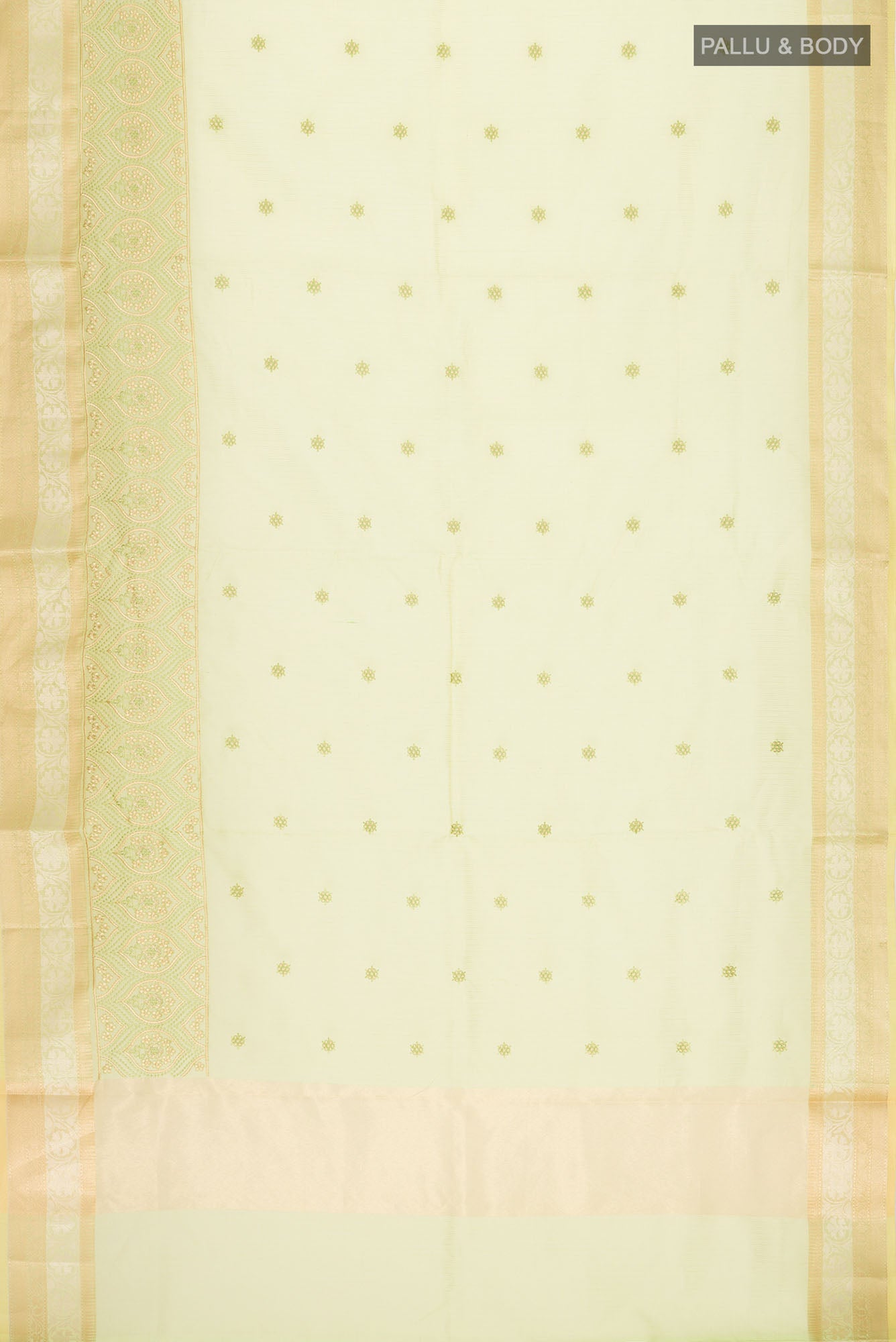 Flat view of Green Blended Kota Cotton Saree with Embroidery on the body and Zari Border. 